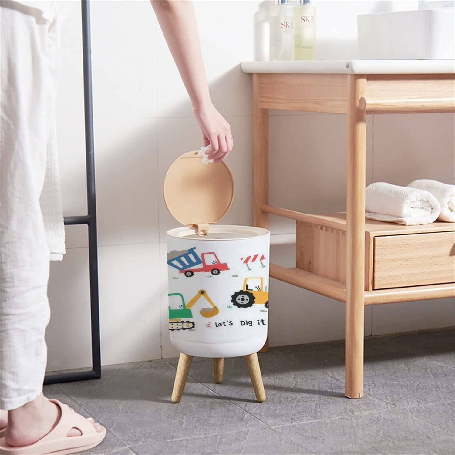 Small Trash Can with Lid Cute Construction Trucks for Kids