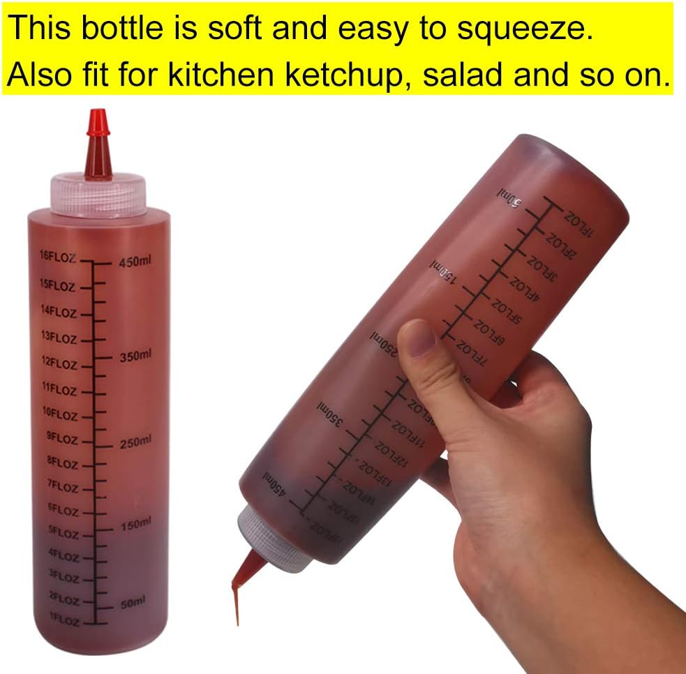 12 Pack 16-Ounce Plastic Squeeze Bottles with Red Cap and Reusable Labels