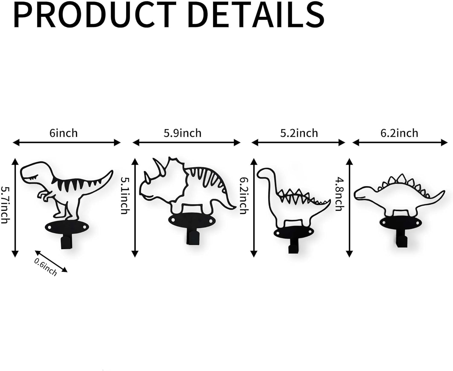 4 Piece Dinosaur Silhouette Coat Hooks Set Matte Black