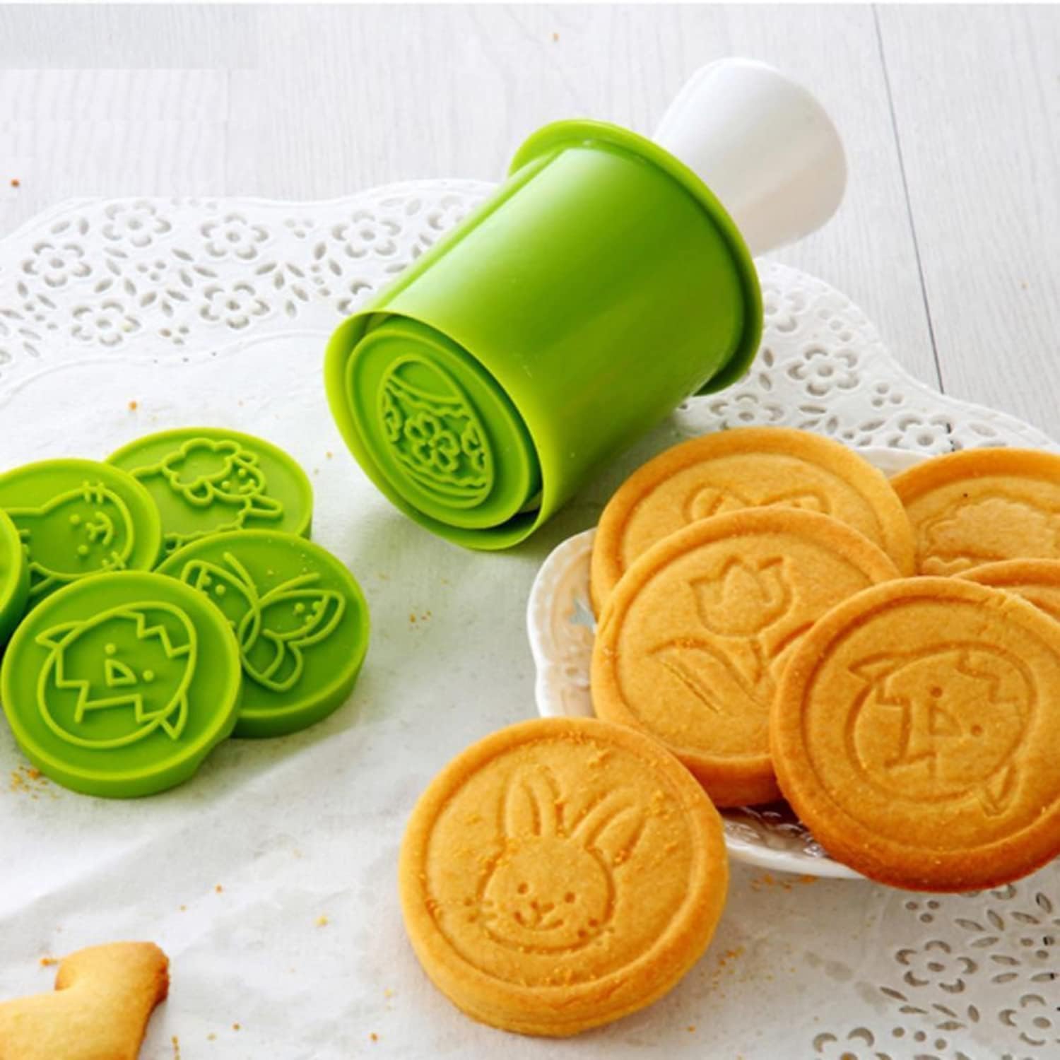 KAISHANE Easter Cookie Stamps 6Pcs Set with Round Cutter and Press