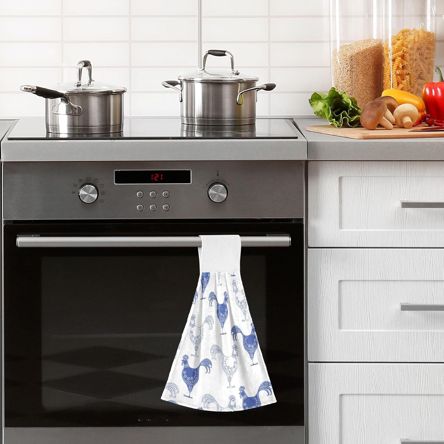 OTVEE Blue White Cartoon Rooste Kitchen Towels 2 Pieces