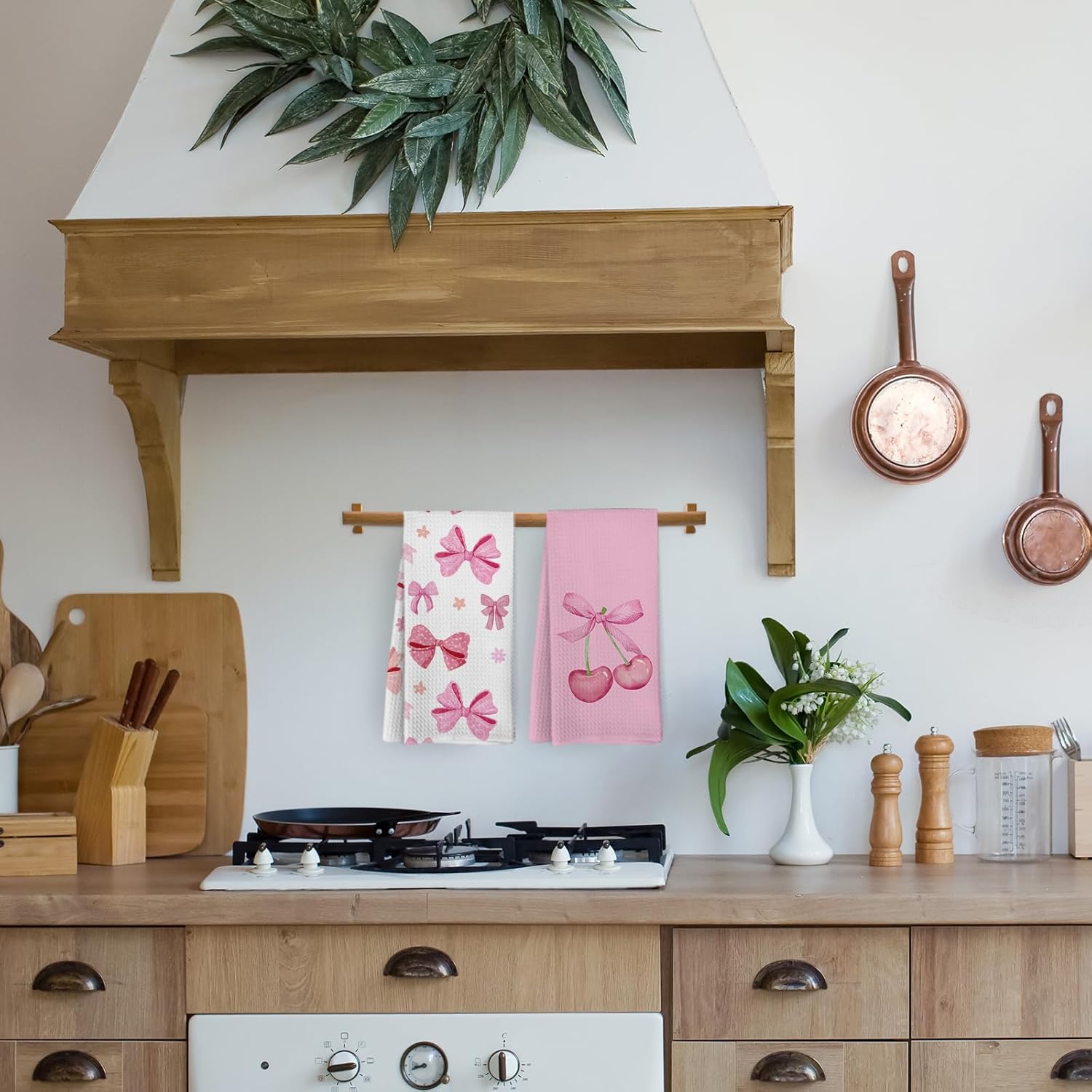 Pink Cherry Bow Kitchen Towels Set of 2