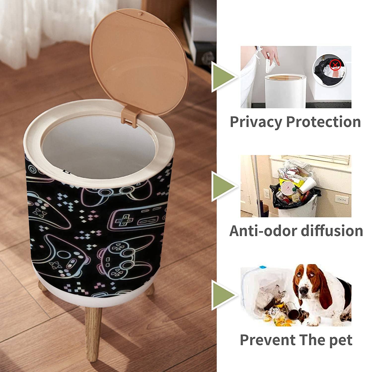 Cute Kawaii Wood Trash Can with Soft Close Lid 7L18 Gallon