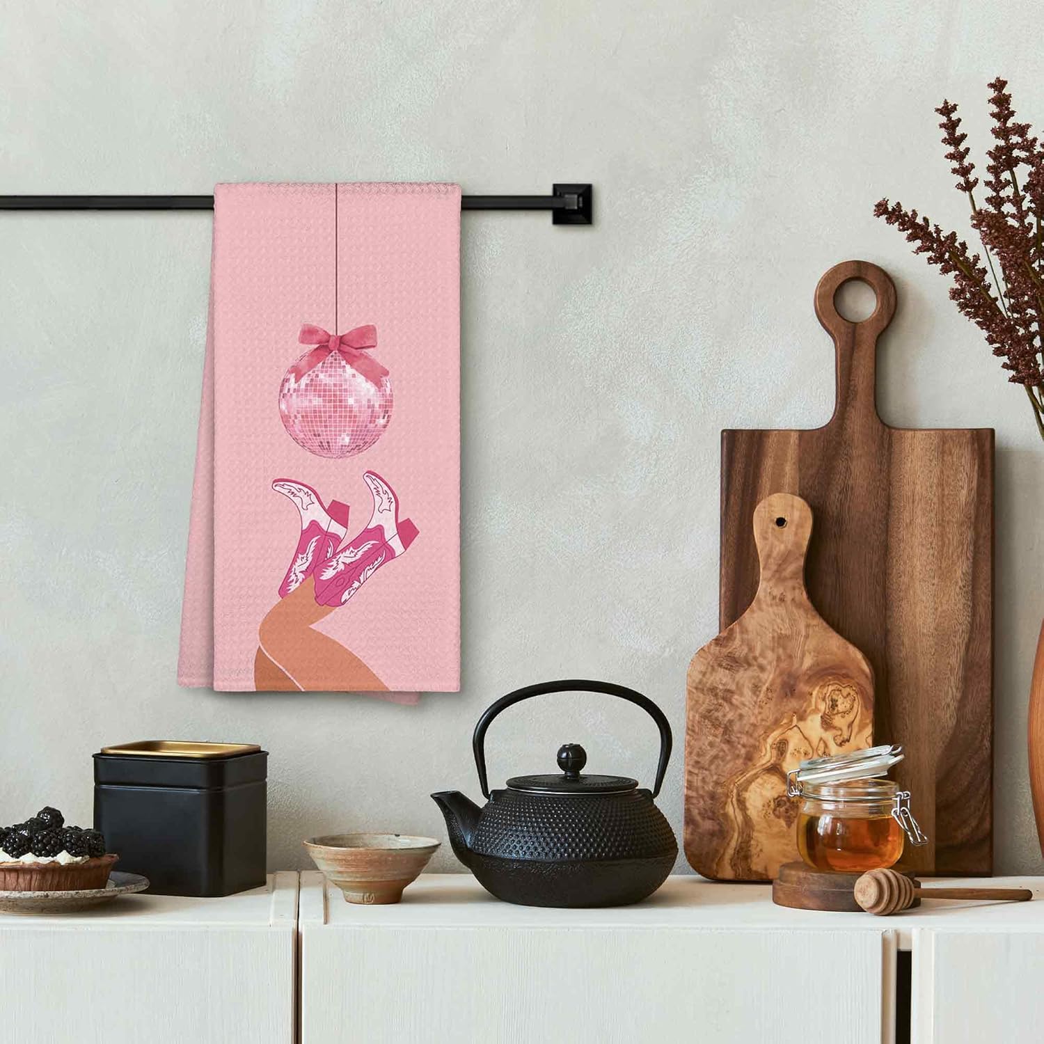 Pink Preppy Bow Cowgirl Boot Dish Towel