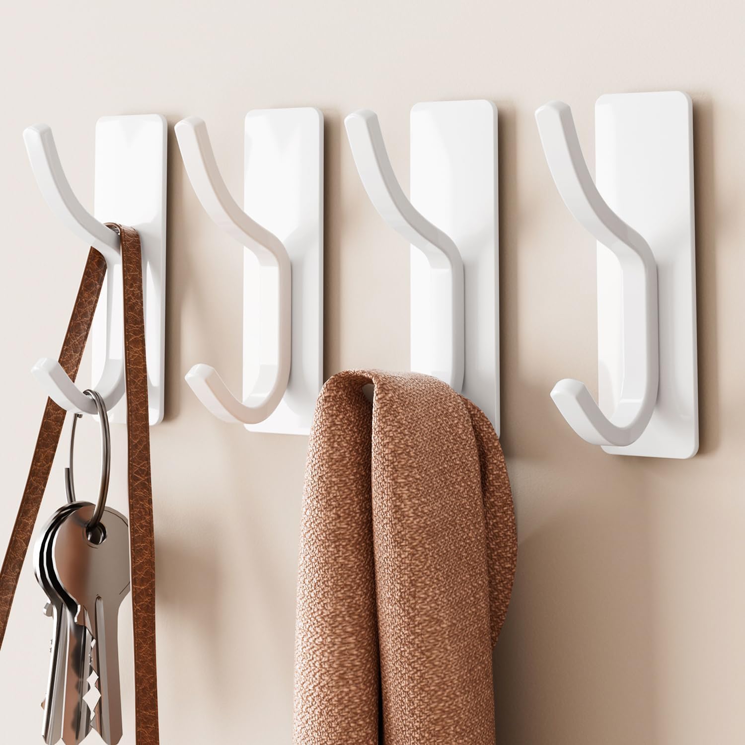 Matte White Curved Double Hooks - 4 Pack Self Adhesive Coating Hangers