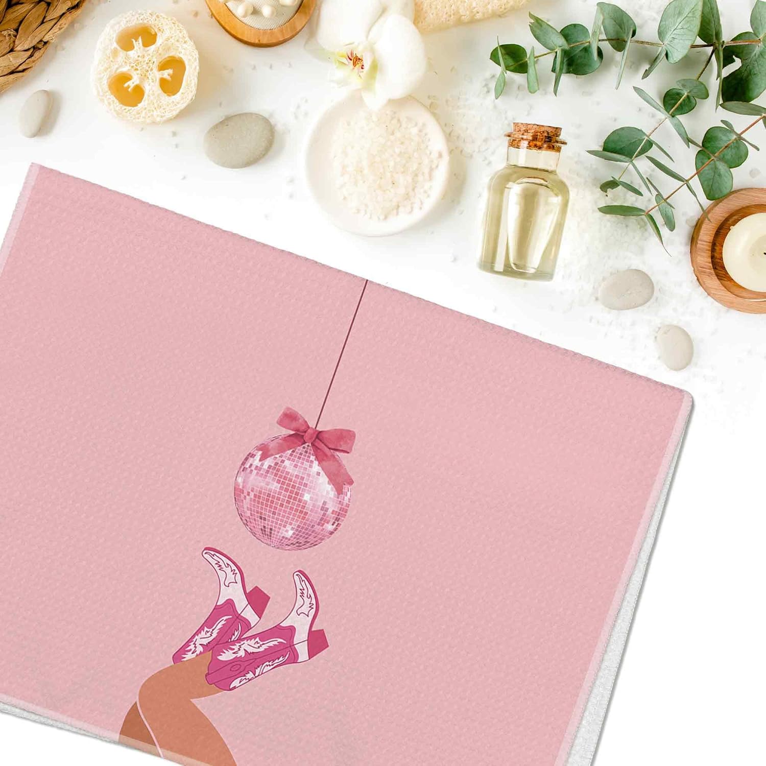 Pink Preppy Bow Cowgirl Boot Dish Towel