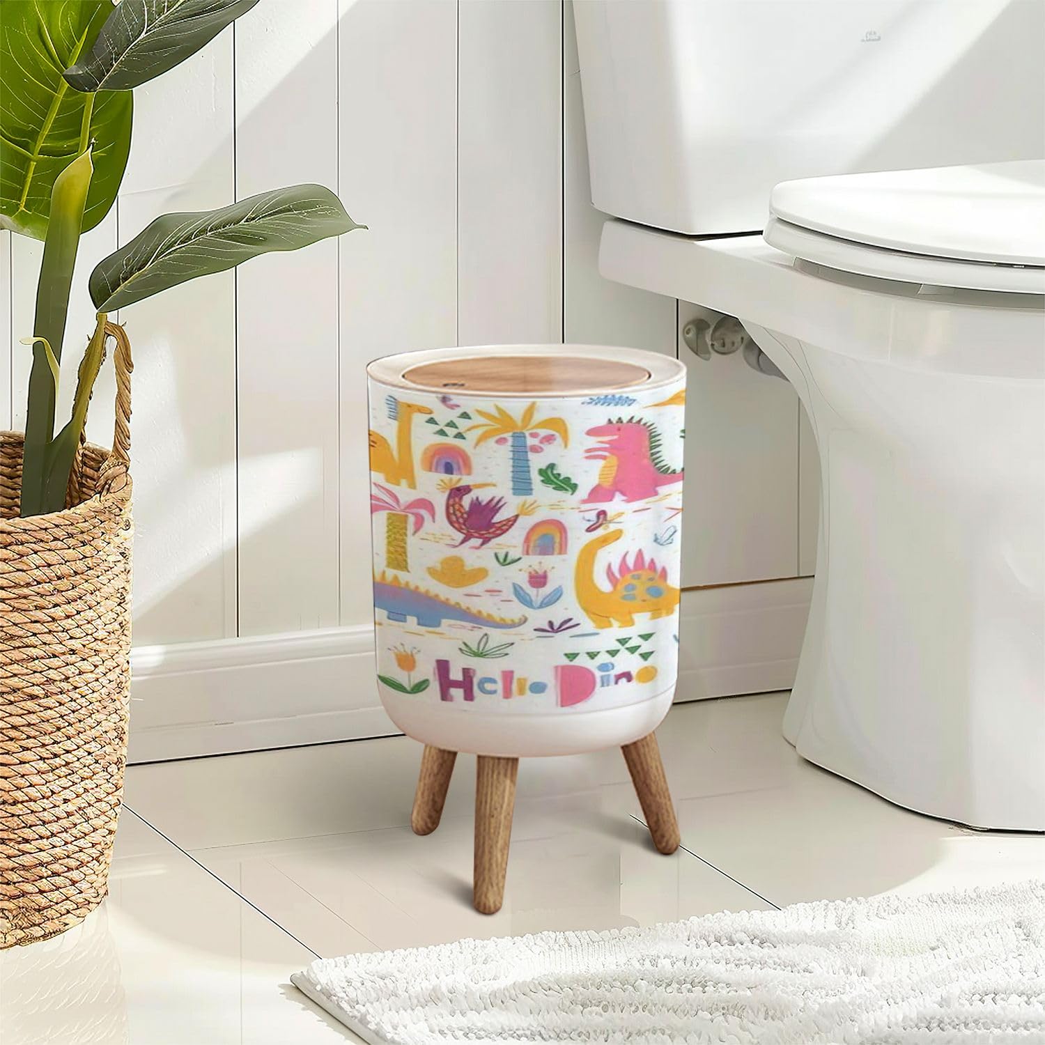 Hello Dino Trash Can with Lid 7L Round Bin with Wooden Legs
