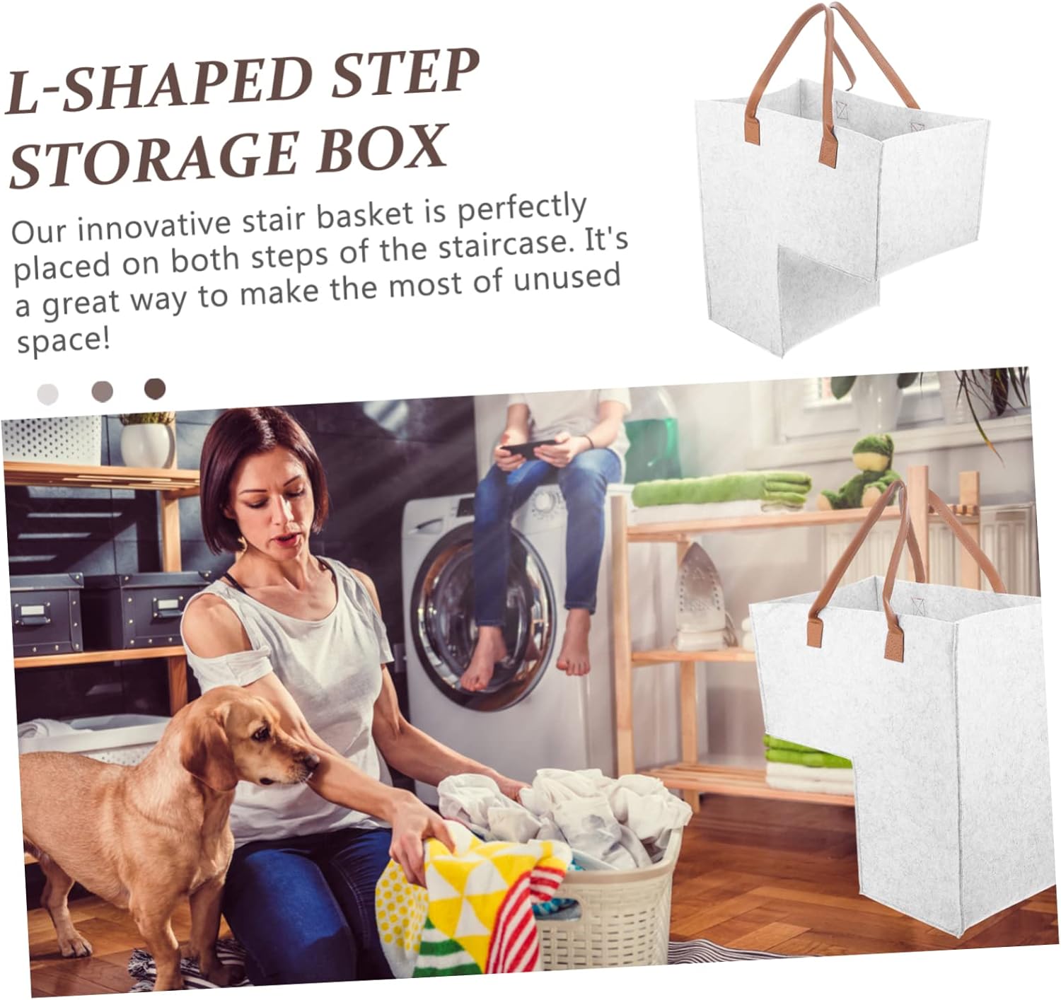 CAXUSD Foldable Stair Storage Basket Light Grey 20x12x14
