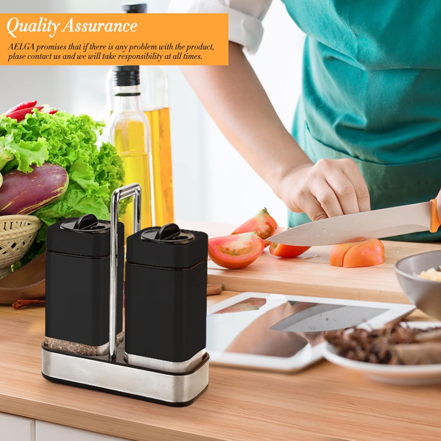 Aelga Black Salt Pepper Shakers Set with Holder