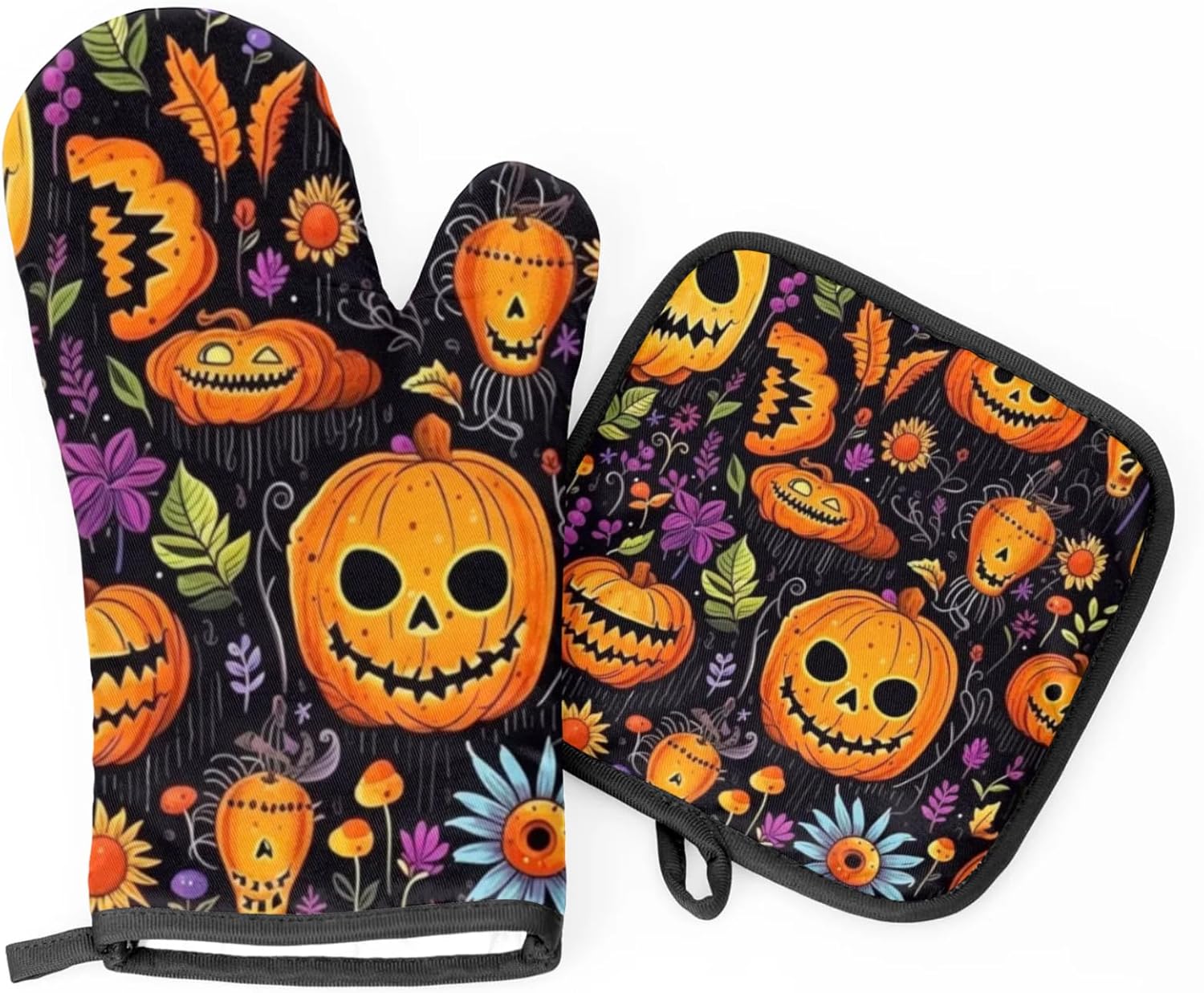 Aglebo Halloween Pumpkin Flower Oven Mitts Pot Holder Set