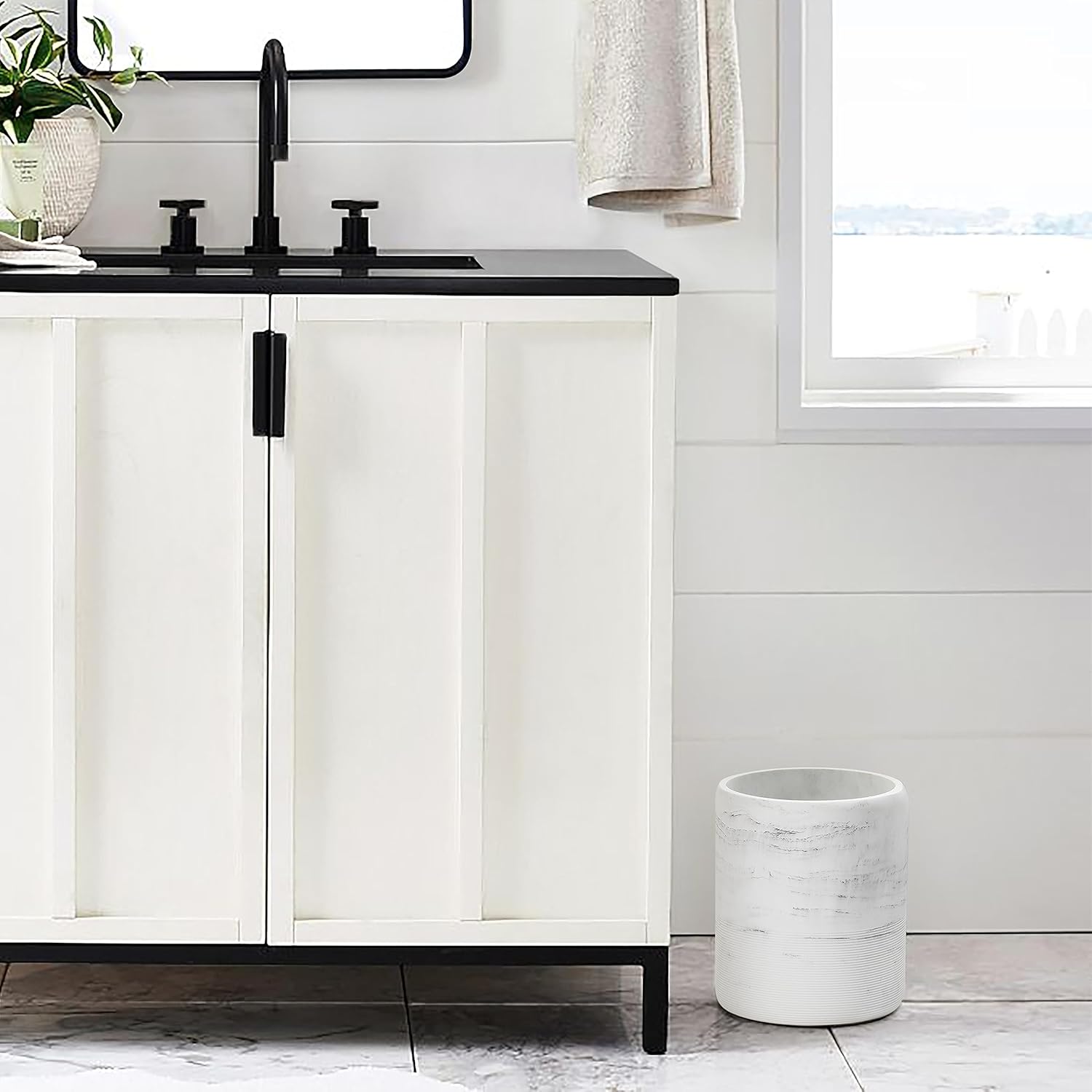 QL DESIGN Marble Style Round Waste Basket White