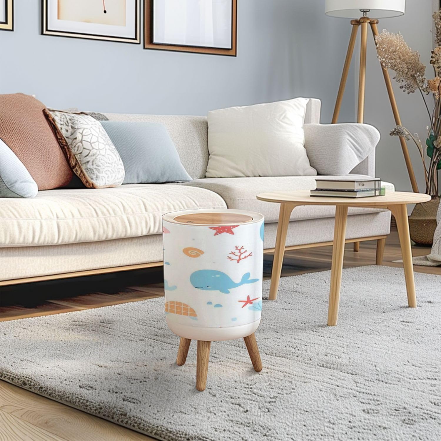 Cute Underwater Sea Animals Trash Can with Lid