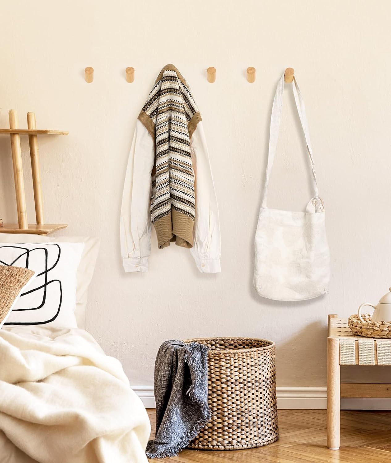 Optish Wood Wall Hooks 6 Pack - Natural Durable and Stylish