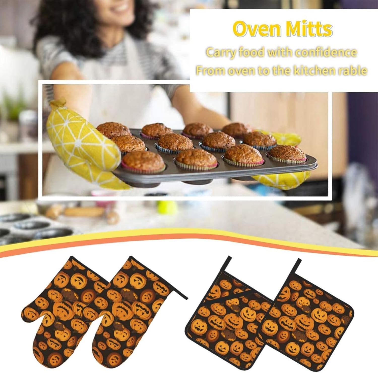 Halloween Pumpkin Oven Mitts and Pot Holders Set of 4 1