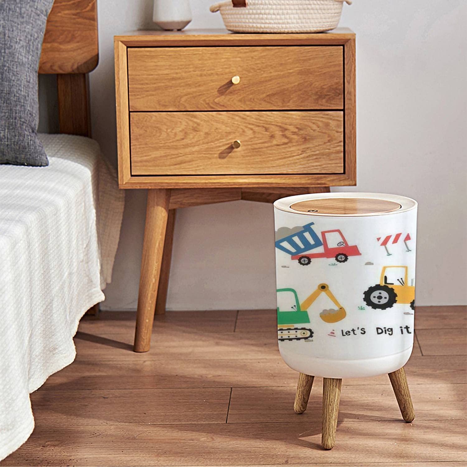 Small Trash Can with Lid Cute Construction Trucks for Kids