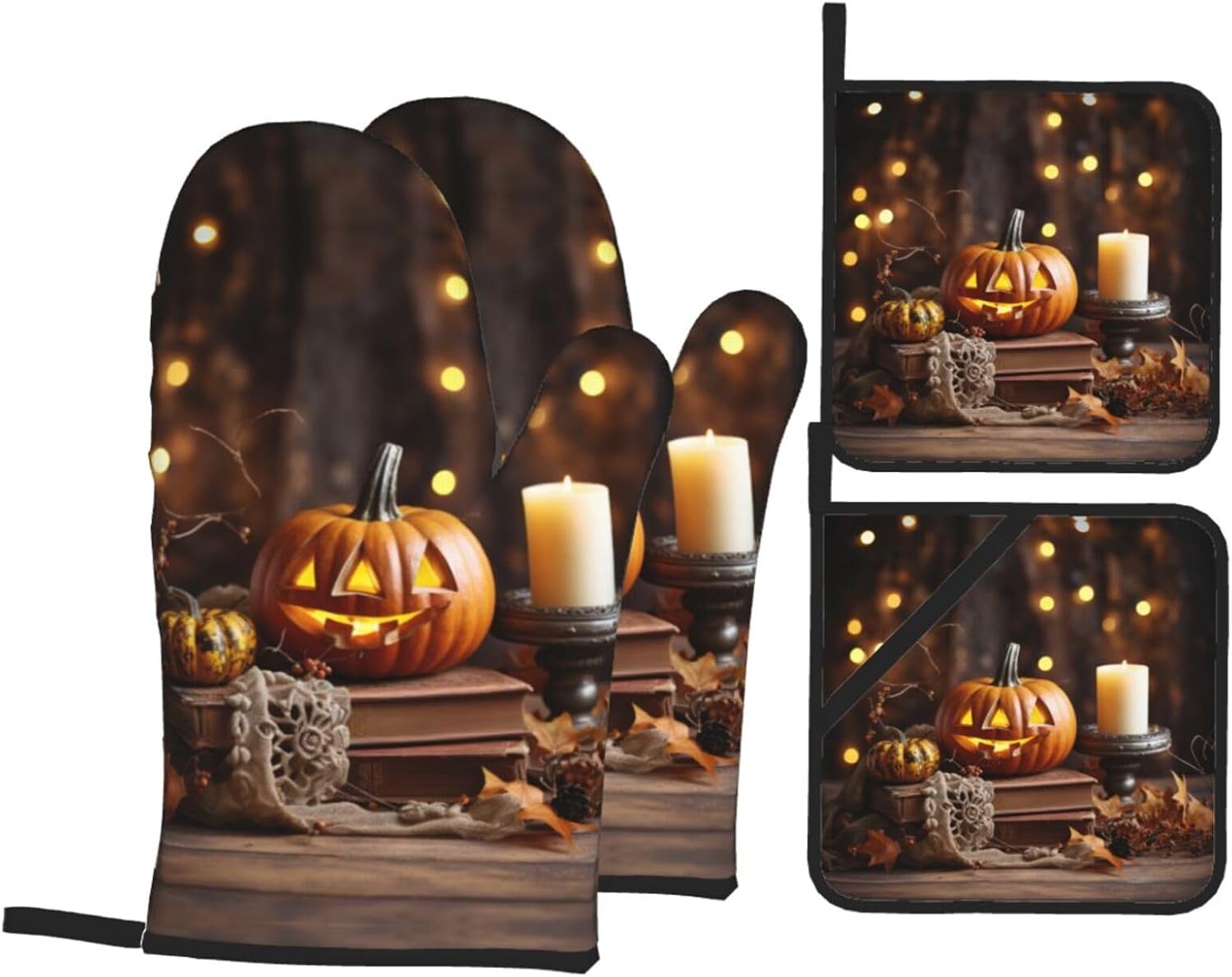 Halloween Pumpkin Print Oven Mitts 4pcs Set