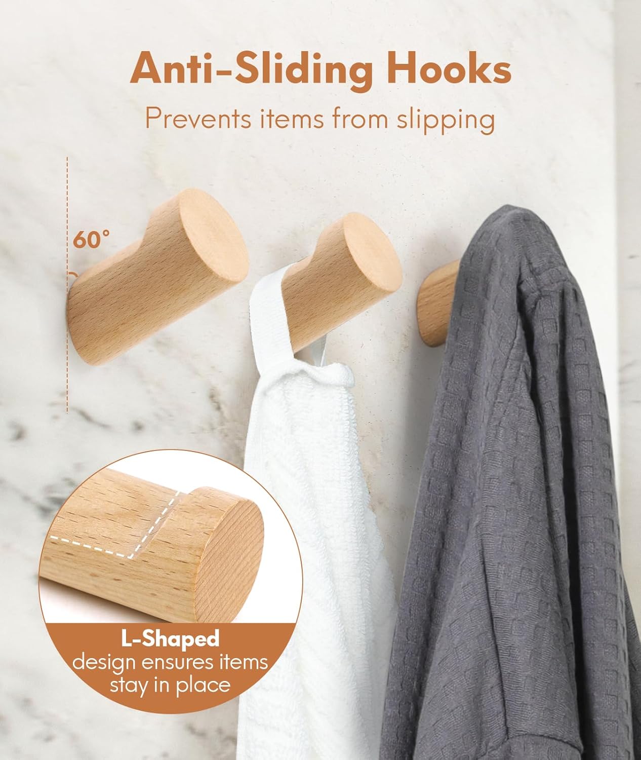 Optish Wood Wall Hooks 6 Pack - Natural Durable and Stylish
