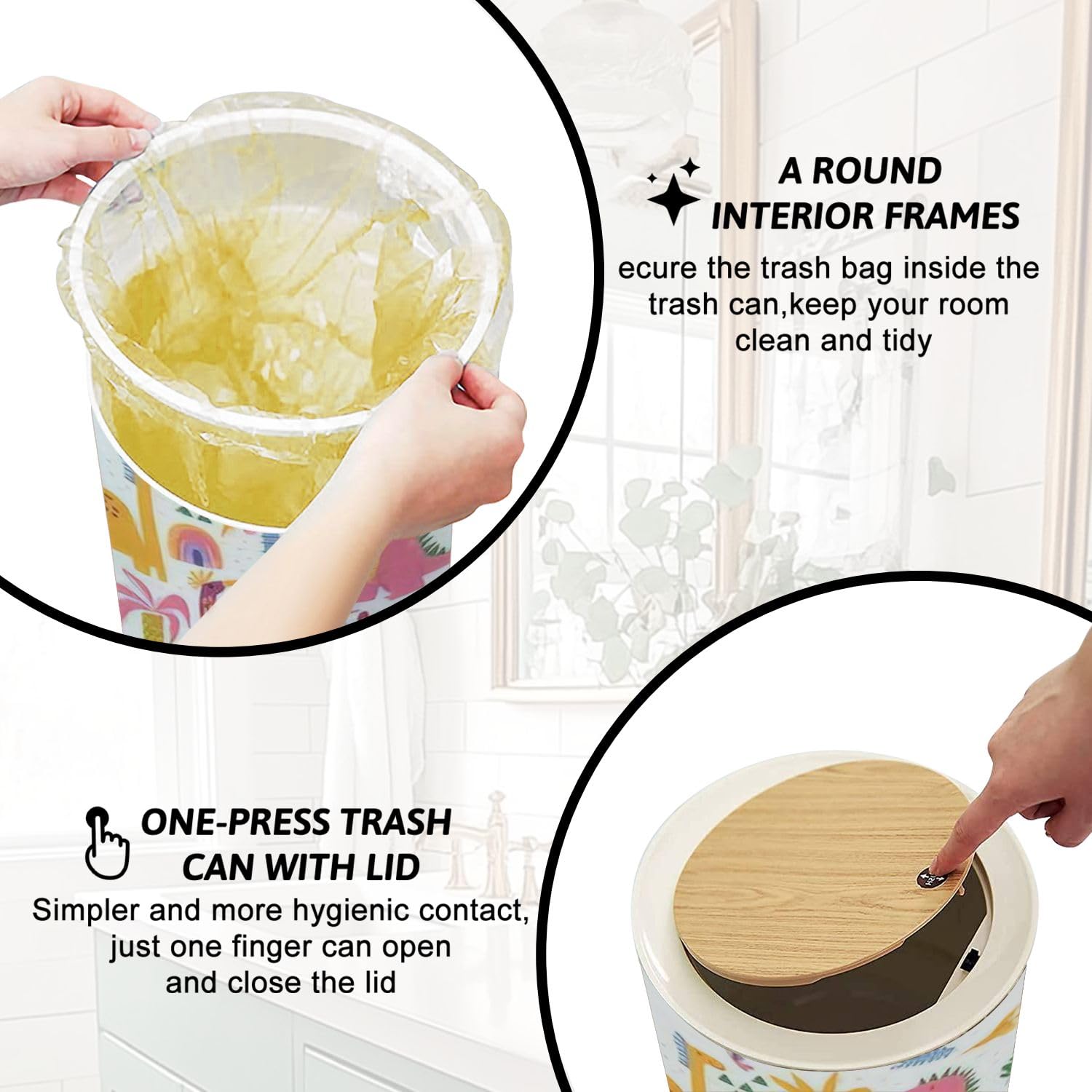 Hello Dino Trash Can with Lid 7L Round Bin with Wooden Legs