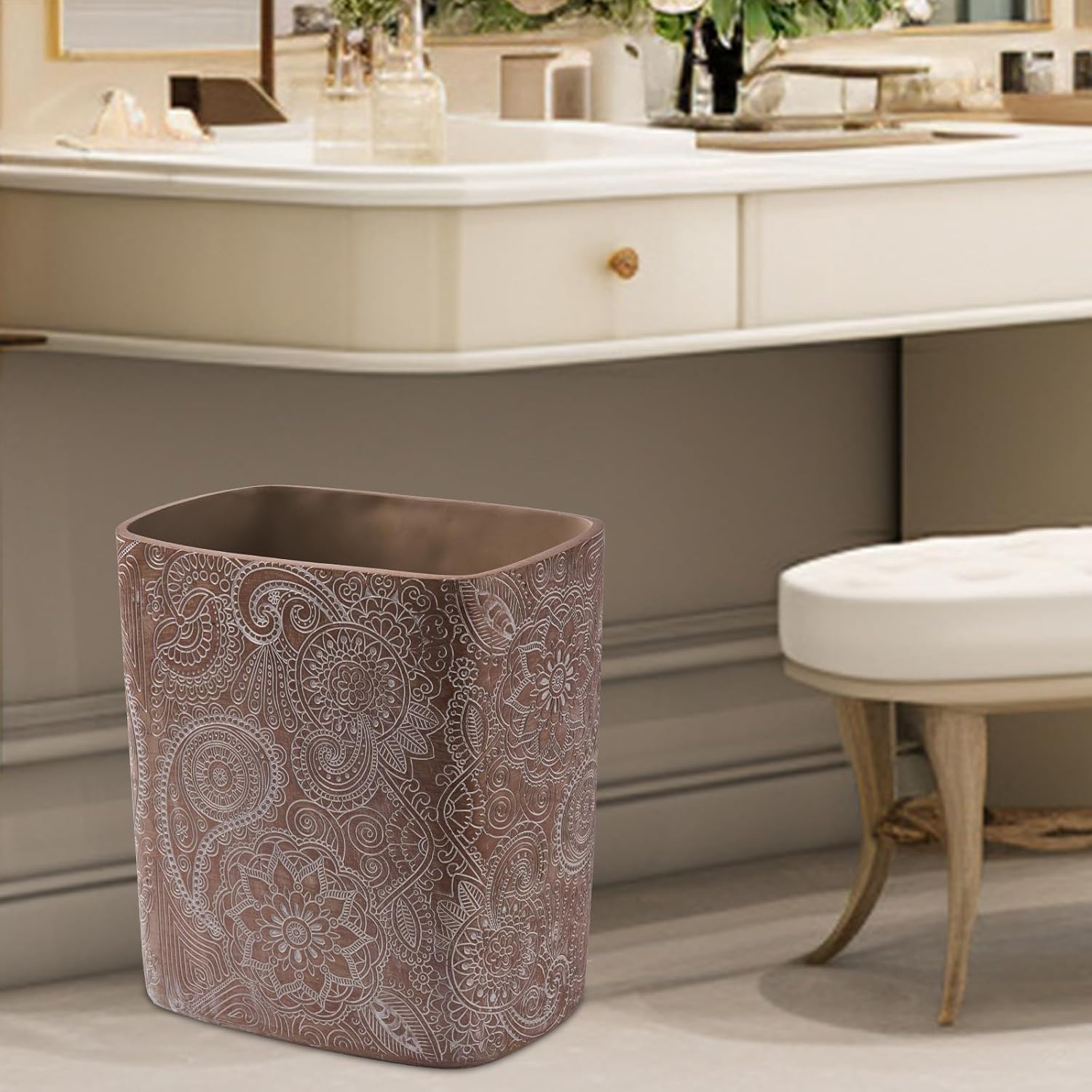 Polytree Boho Flowers Wastebasket 18 Gallon Retro Brown
