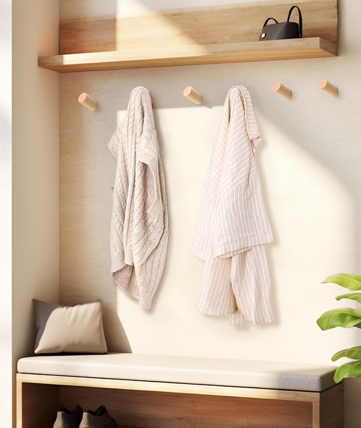 Optish Wood Wall Hooks 6 Pack - Natural Durable and Stylish
