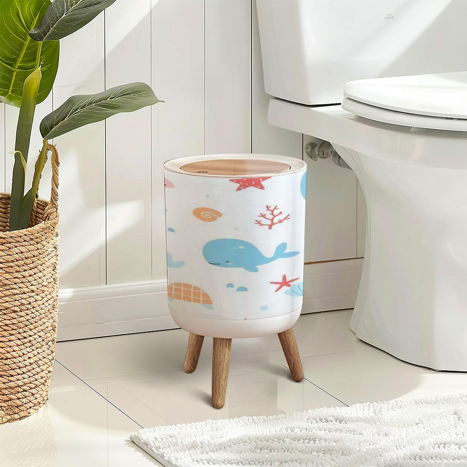 Cute Underwater Sea Animals Trash Can with Lid