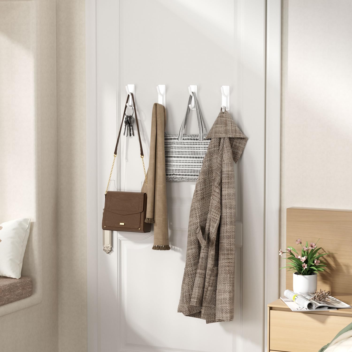 Matte White Curved Double Hooks - 4 Pack Self Adhesive Coating Hangers