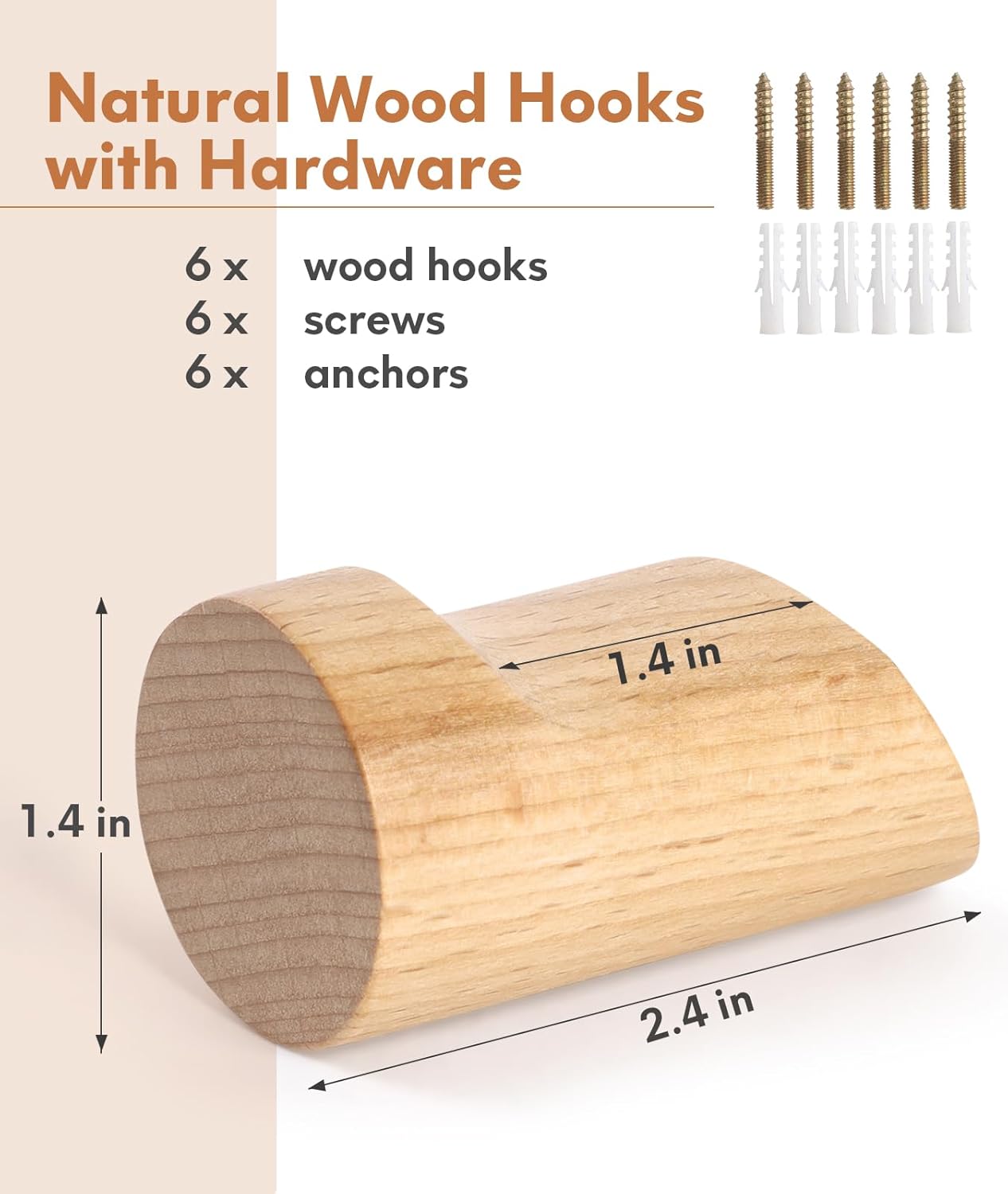 Optish Wood Wall Hooks 6 Pack - Natural Durable and Stylish
