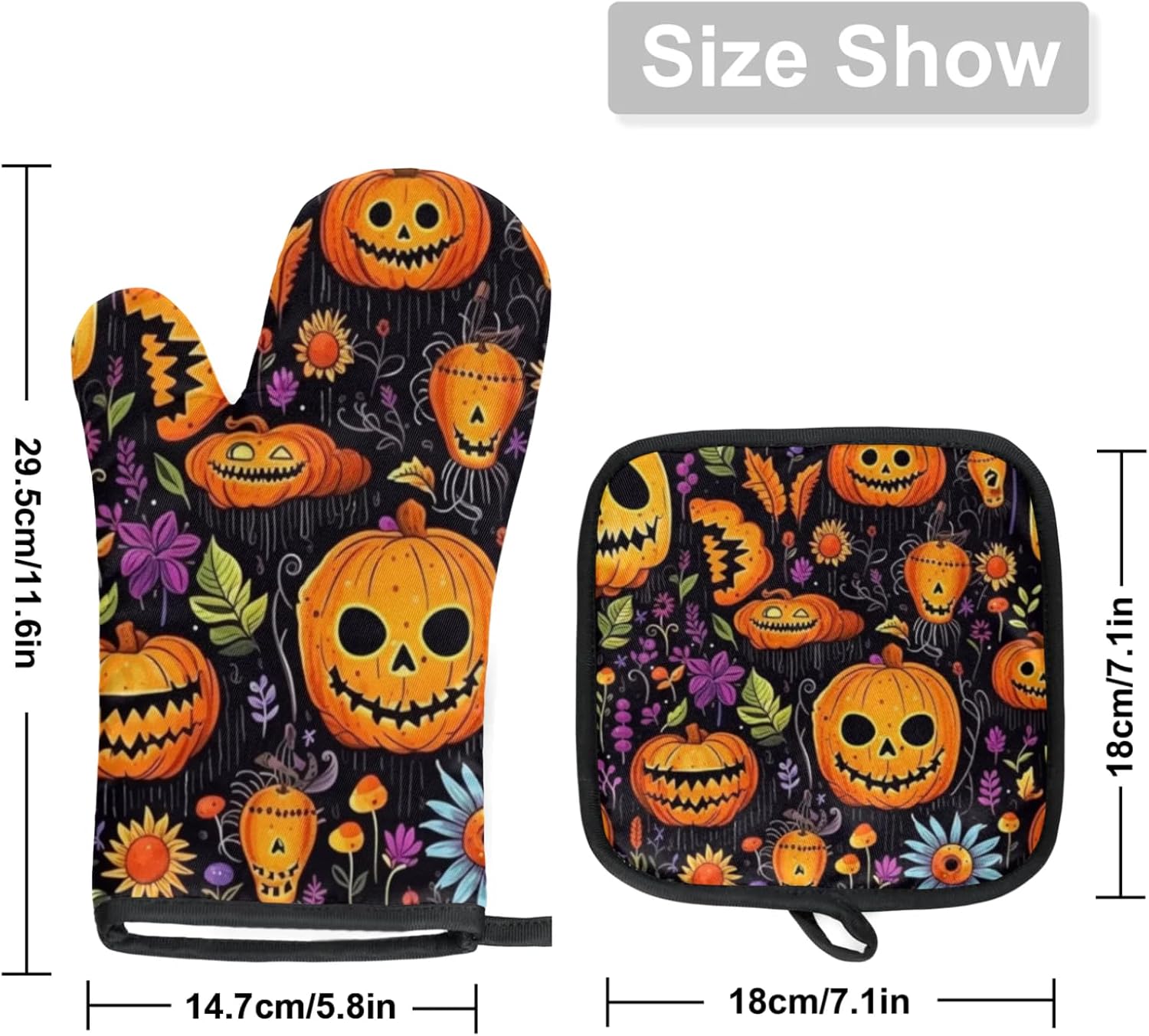 Aglebo Halloween Pumpkin Flower Oven Mitts Pot Holder Set