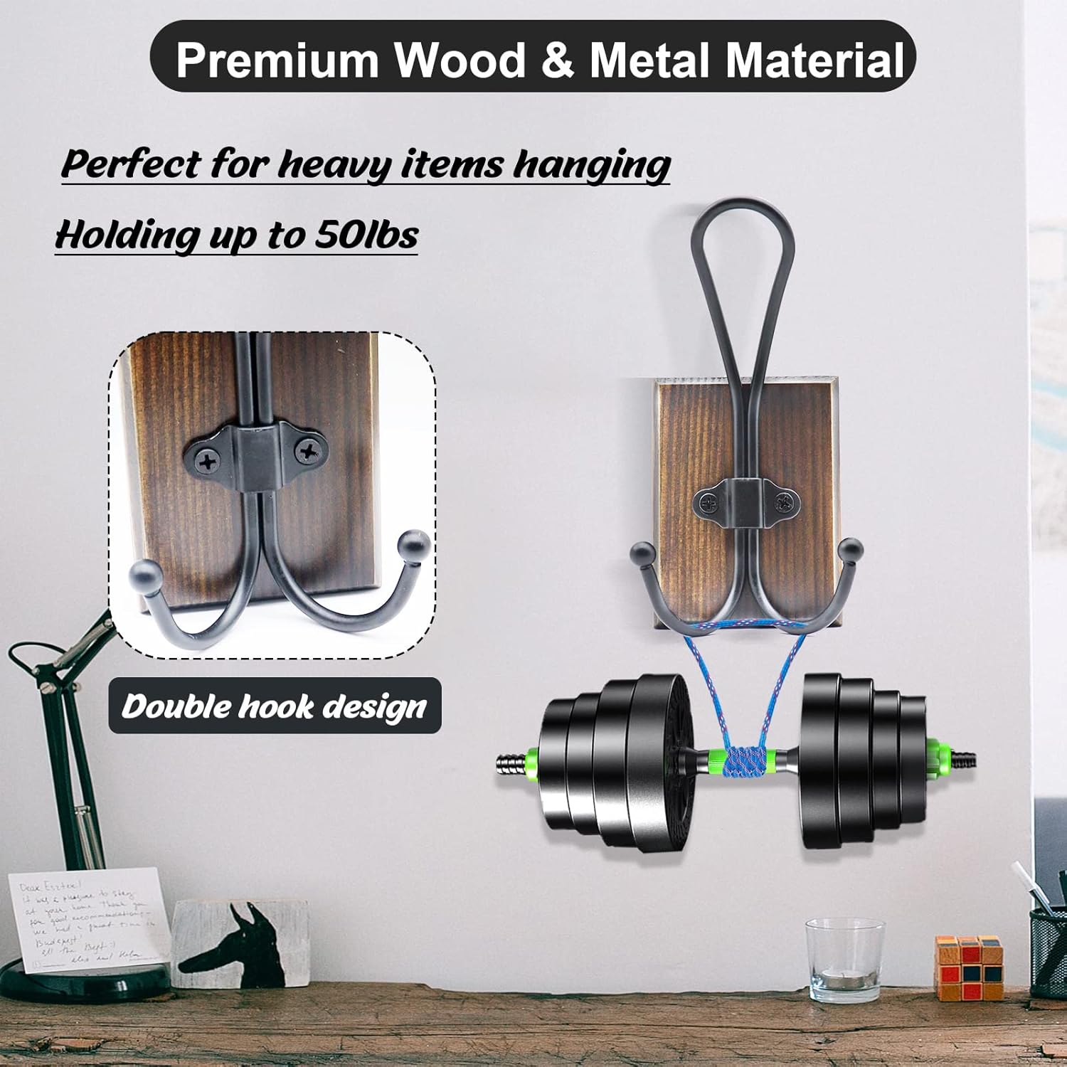 TEGUEPS Double Wall Hooks 2 Pack Rustic Decorative Wood