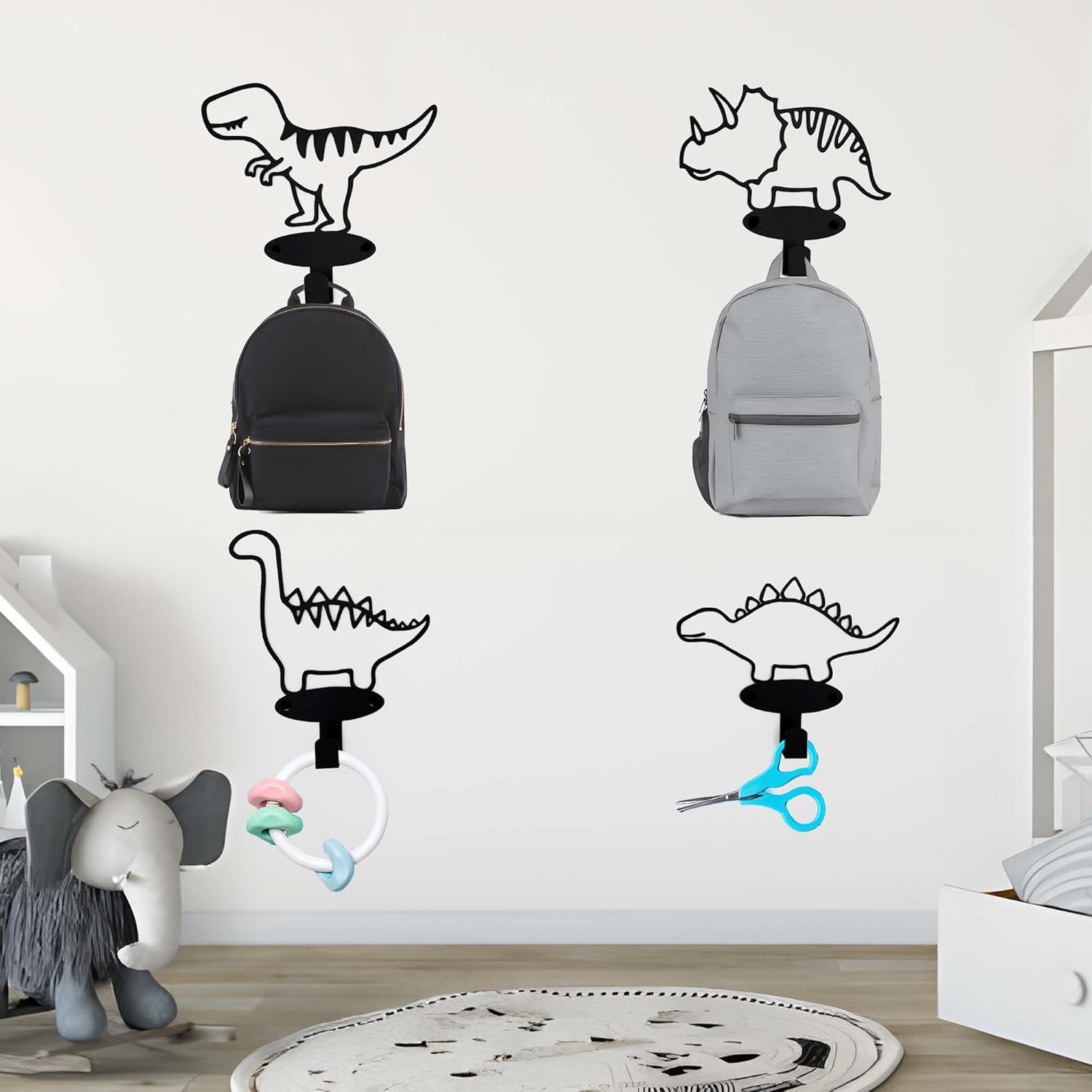 4 Piece Dinosaur Silhouette Coat Hooks Set Matte Black