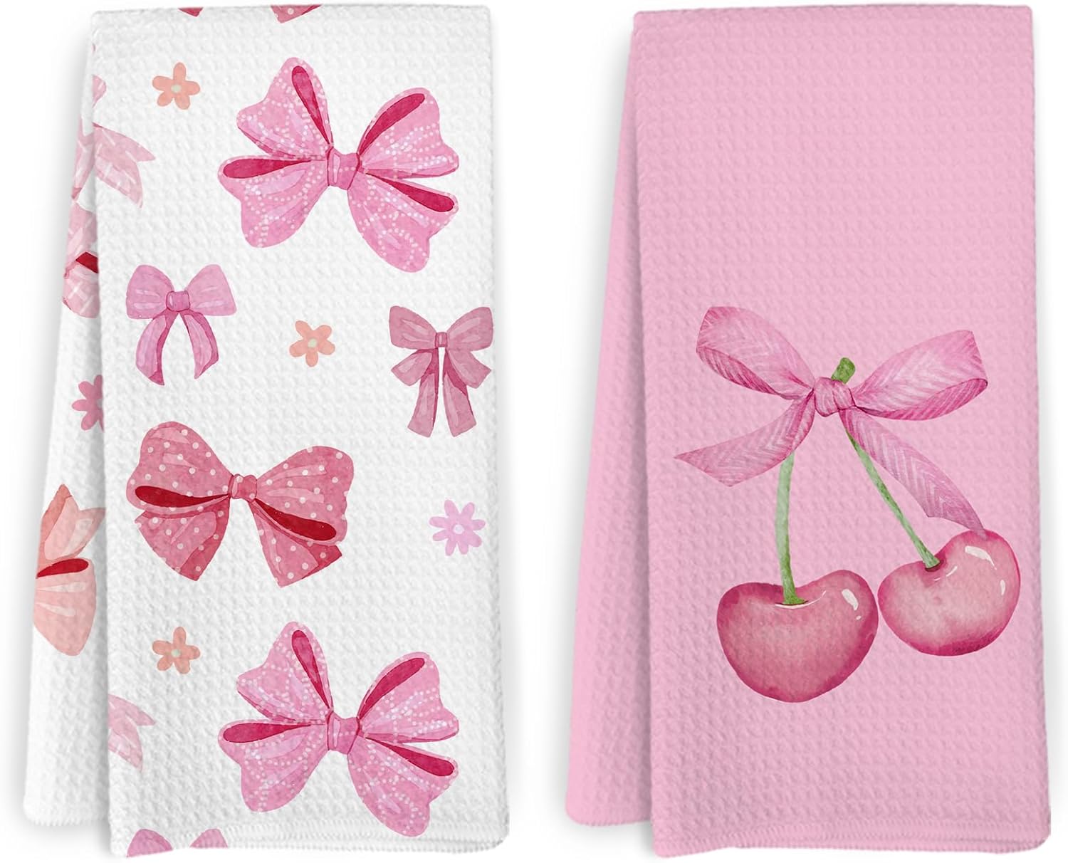 Pink Cherry Bow Kitchen Towels Set of 2