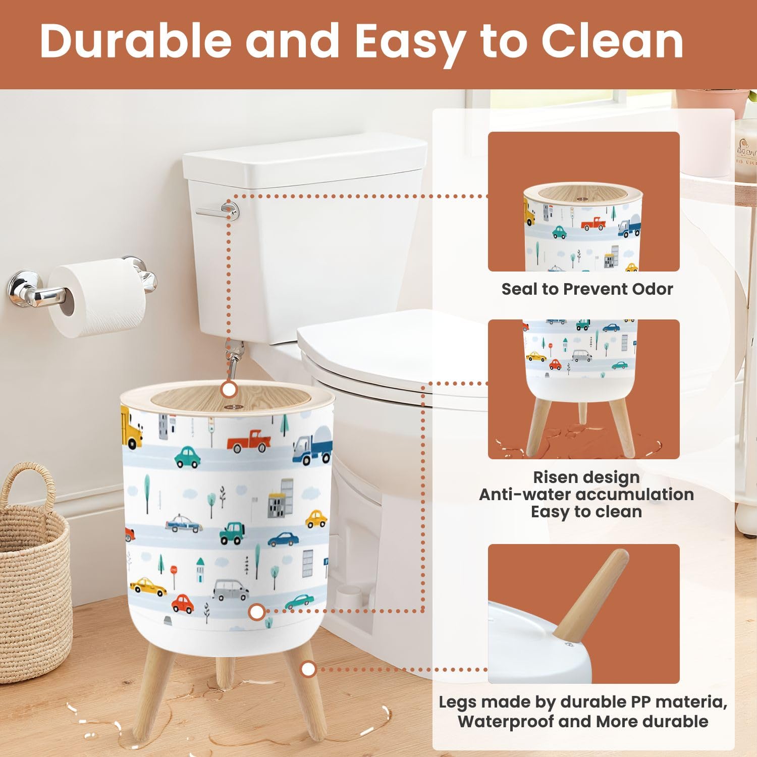 Small 18 Gallon Dog Proof Trash Can with Cute Car Pattern