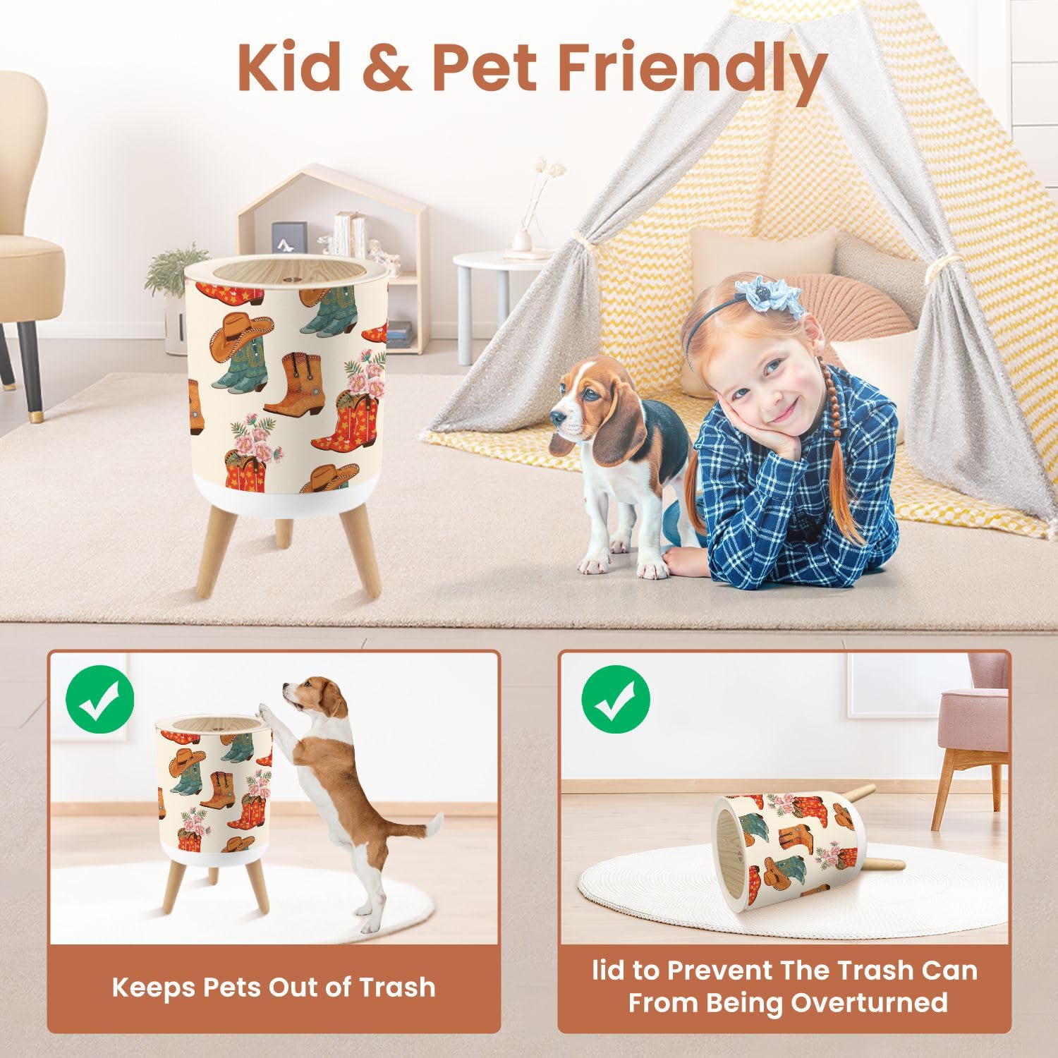 Small Trash Can with Lid Cowboy Pattern 18 Gallon Dog Proof