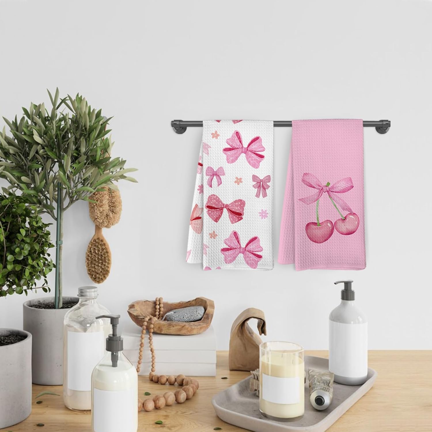 Pink Cherry Bow Kitchen Towels Set of 2