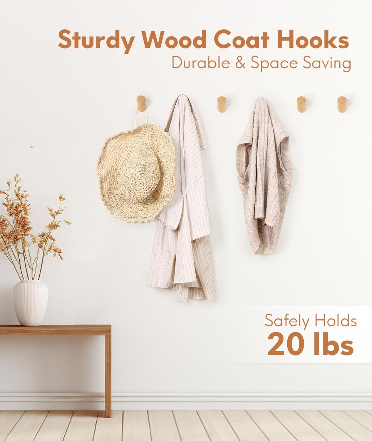 Optish Wood Wall Hooks 6 Pack - Natural Durable and Stylish
