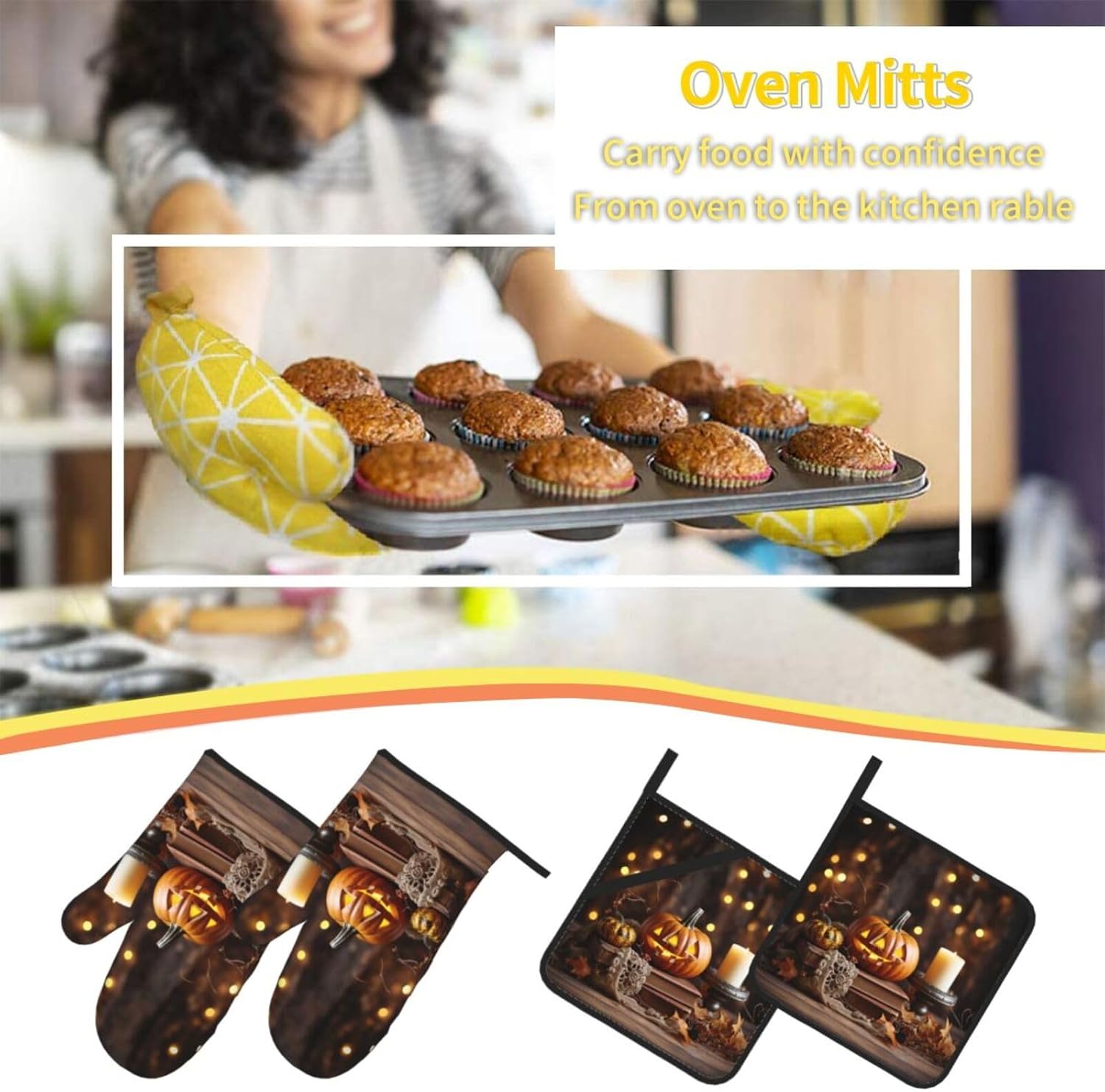 Halloween Pumpkin Print Oven Mitts 4pcs Set