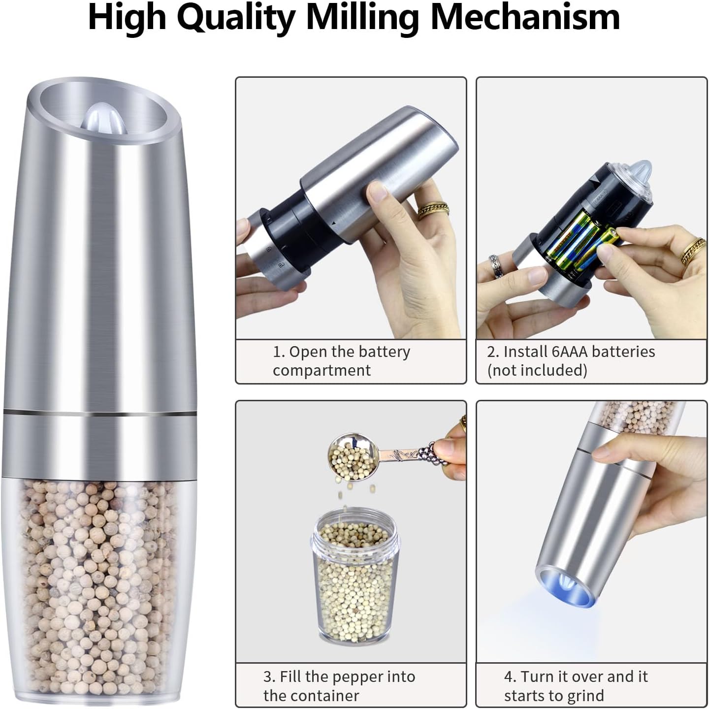 EasyCom Gravity Salt Pepper Mill Set 2 Pack Silver 1