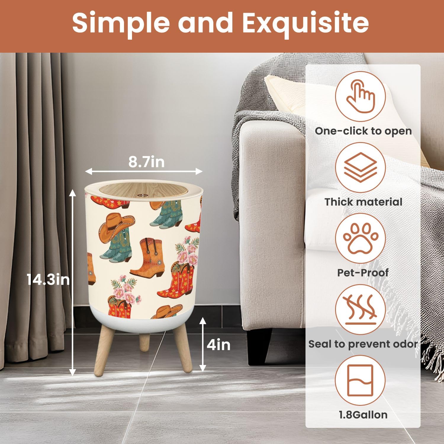 Small Trash Can with Lid Cowboy Pattern 18 Gallon Dog Proof