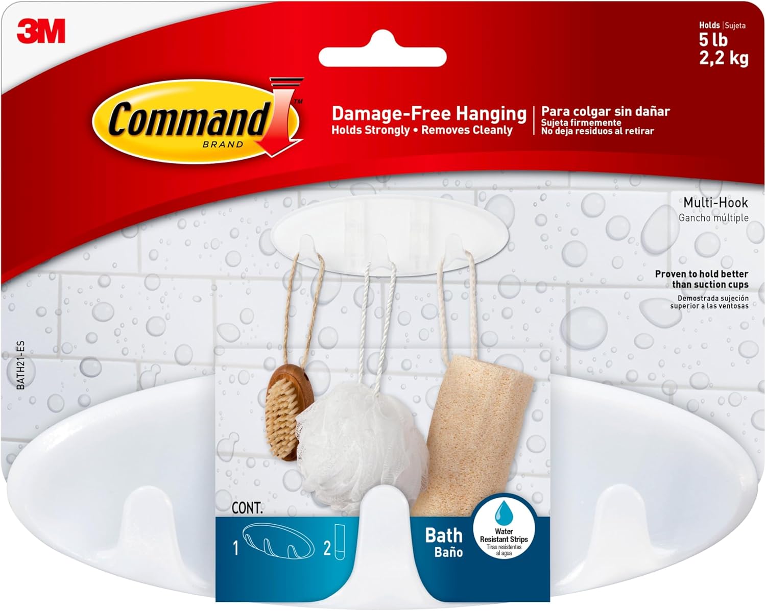Command Bath Multi-Hook with 2 Strips Damage Free 5 lb Weight Capacity