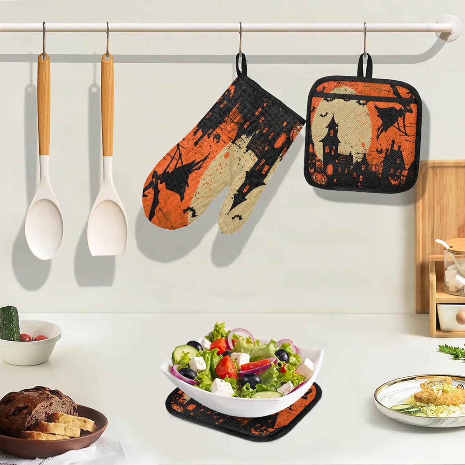 TropicalLife Halloween Witch Pumpkin Oven Mitts and Pot Holders 4 pcs Set