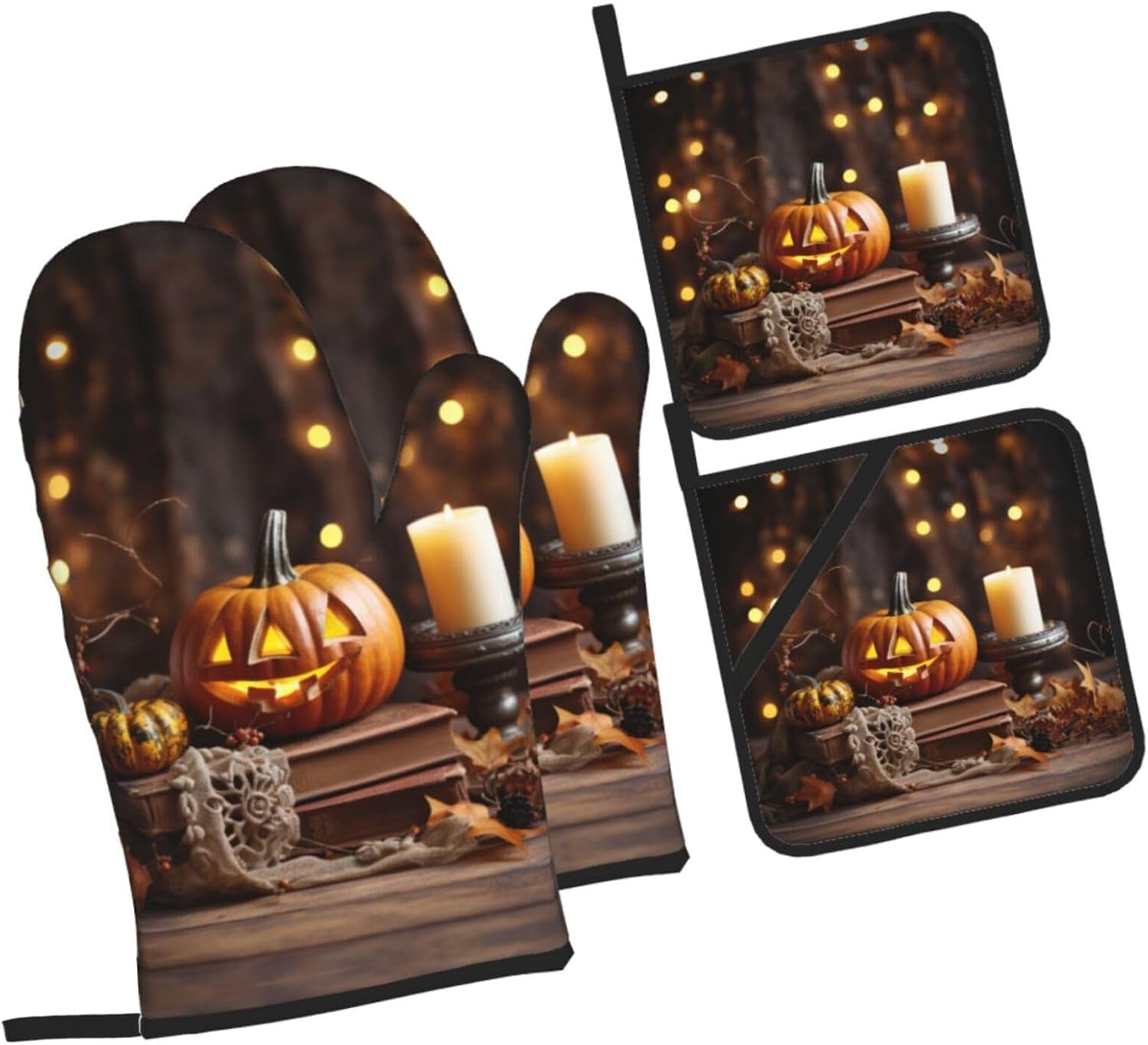 Halloween Pumpkin Print Oven Mitts 4pcs Set