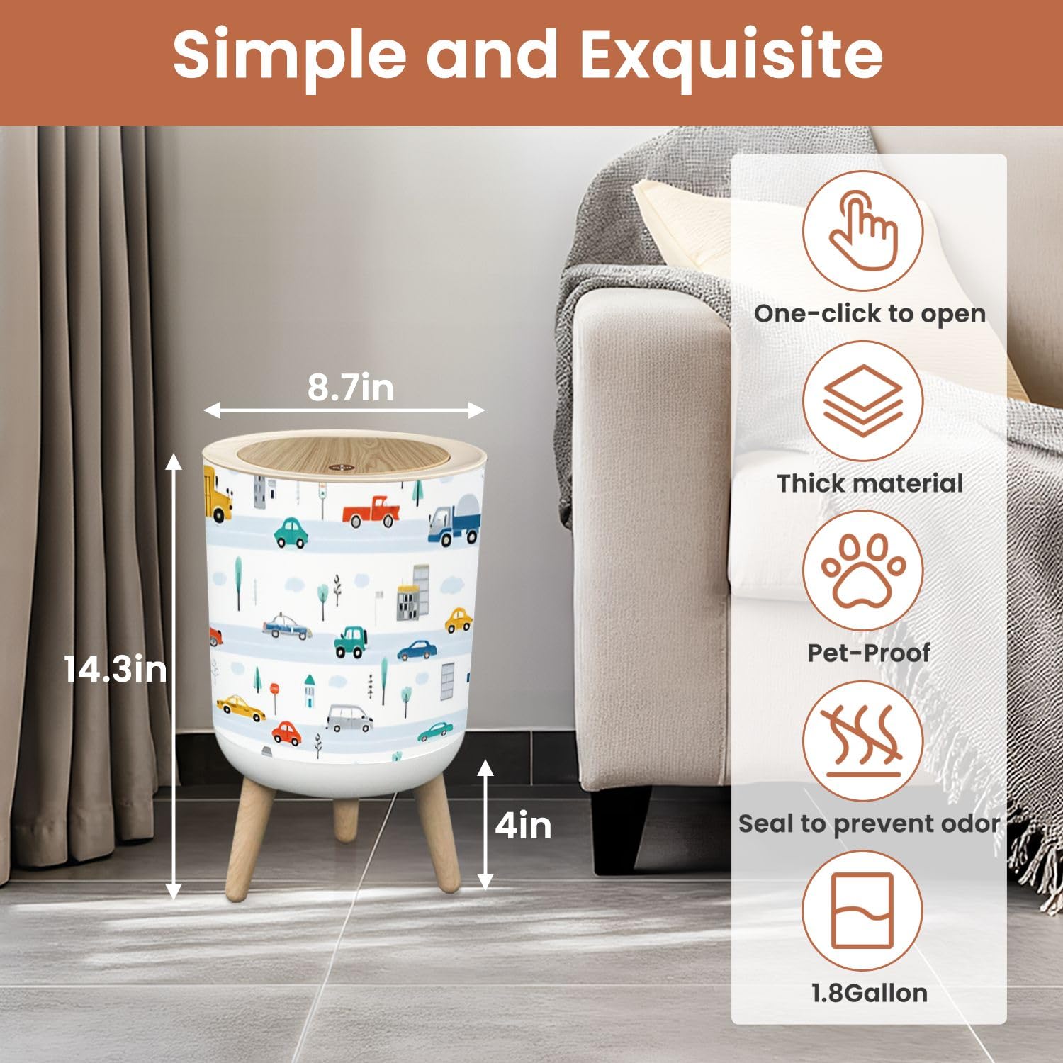 Small 18 Gallon Dog Proof Trash Can with Cute Car Pattern