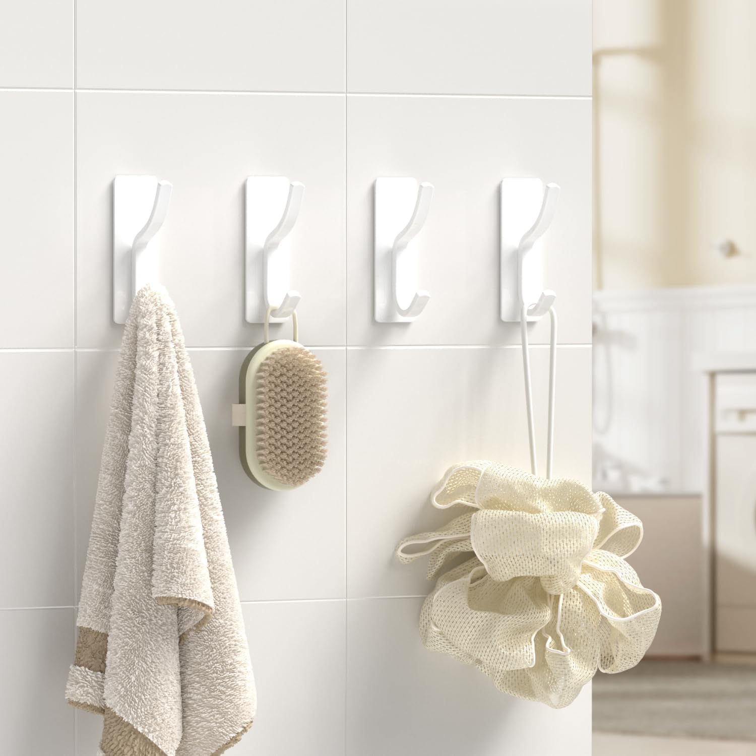 Matte White Curved Double Hooks - 4 Pack Self Adhesive Coating Hangers
