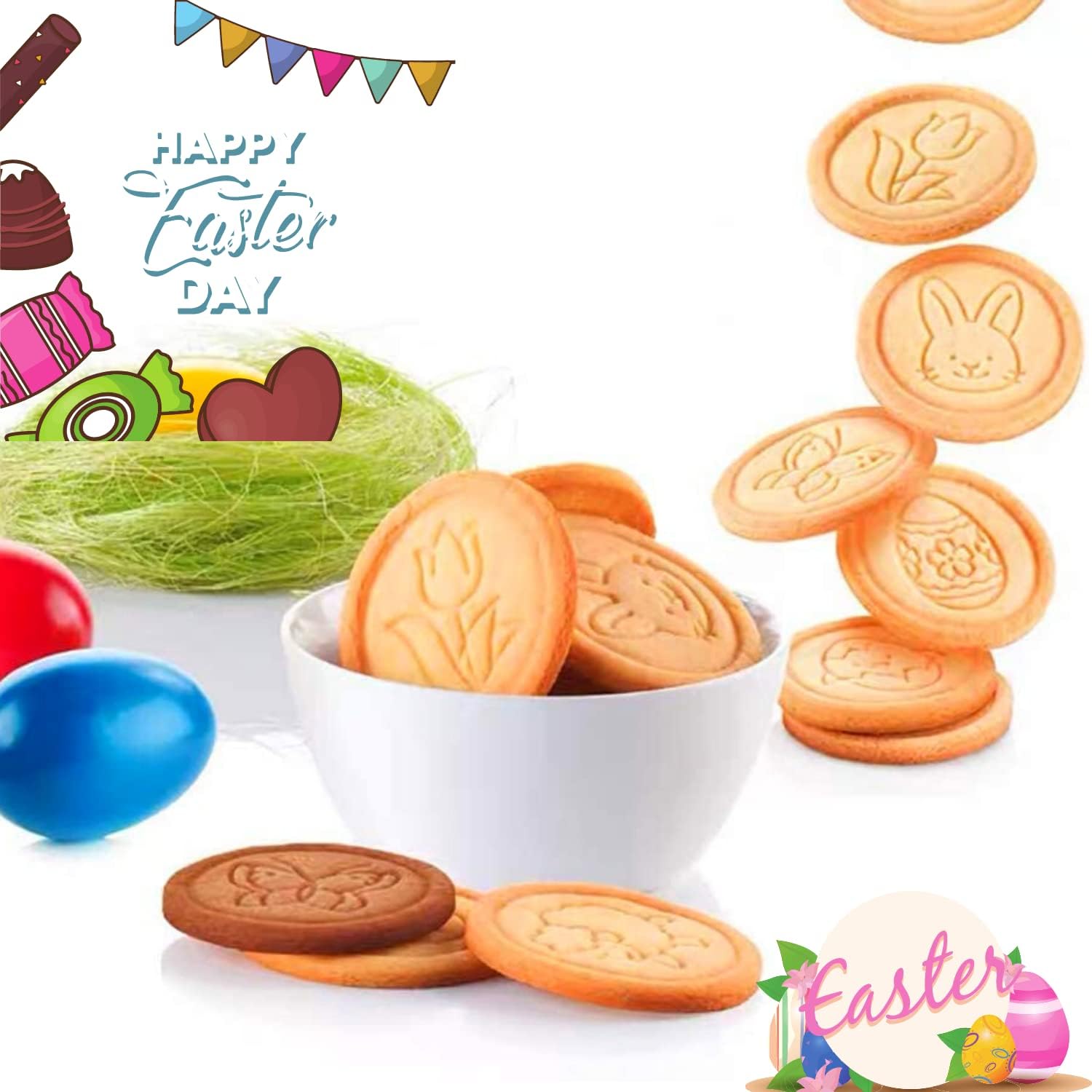 KAISHANE Easter Cookie Stamps 6Pcs Set with Round Cutter and Press