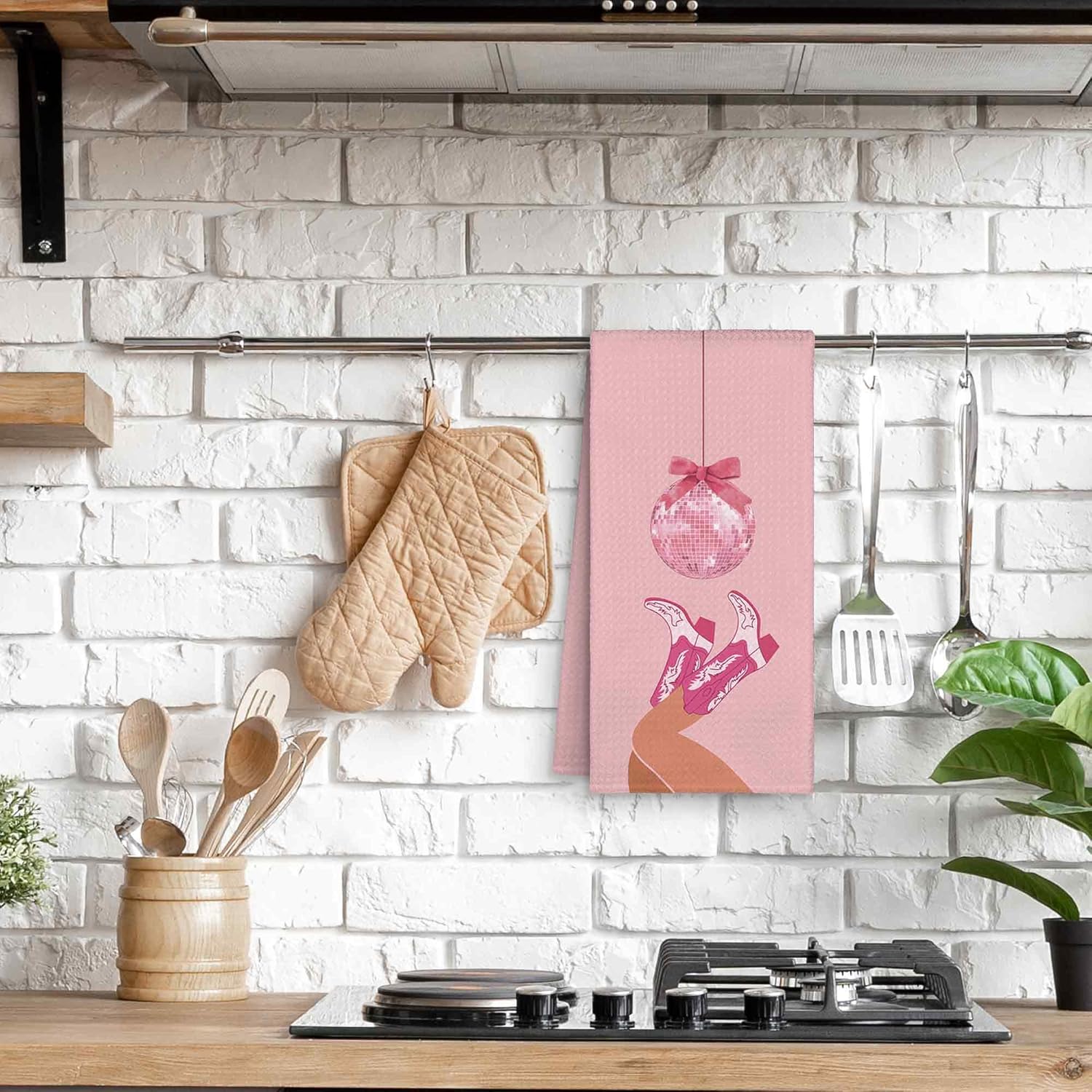 Pink Preppy Bow Cowgirl Boot Dish Towel