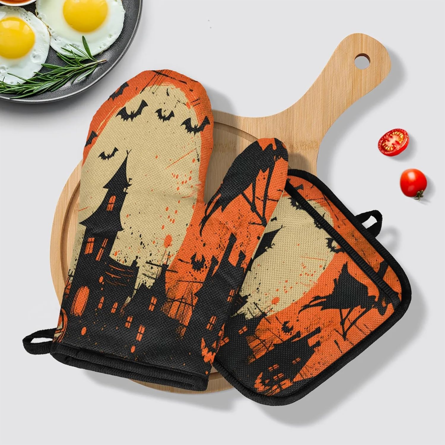 TropicalLife Halloween Witch Pumpkin Oven Mitts and Pot Holders 4 pcs Set