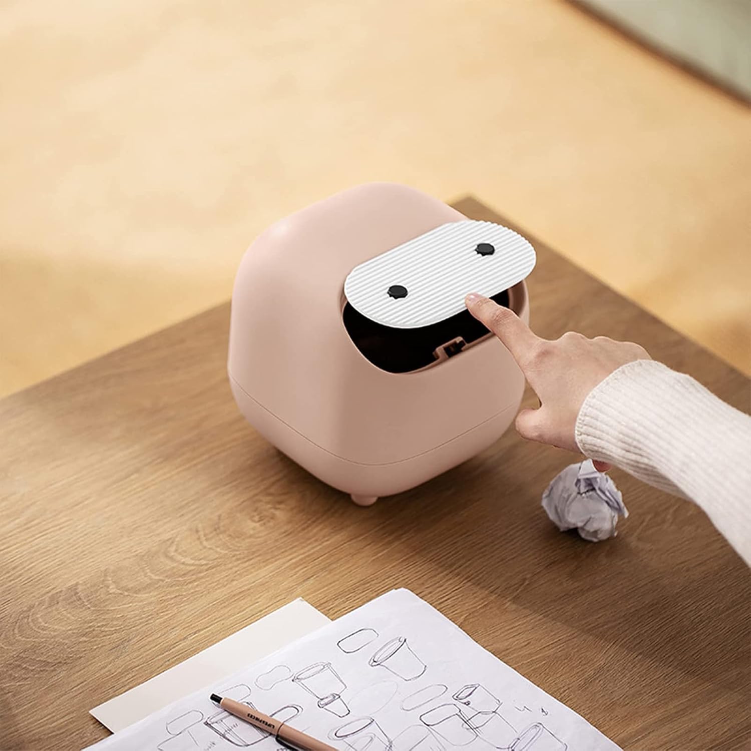 Mini Trash Can with Lid - Cute Ninja Design Pink