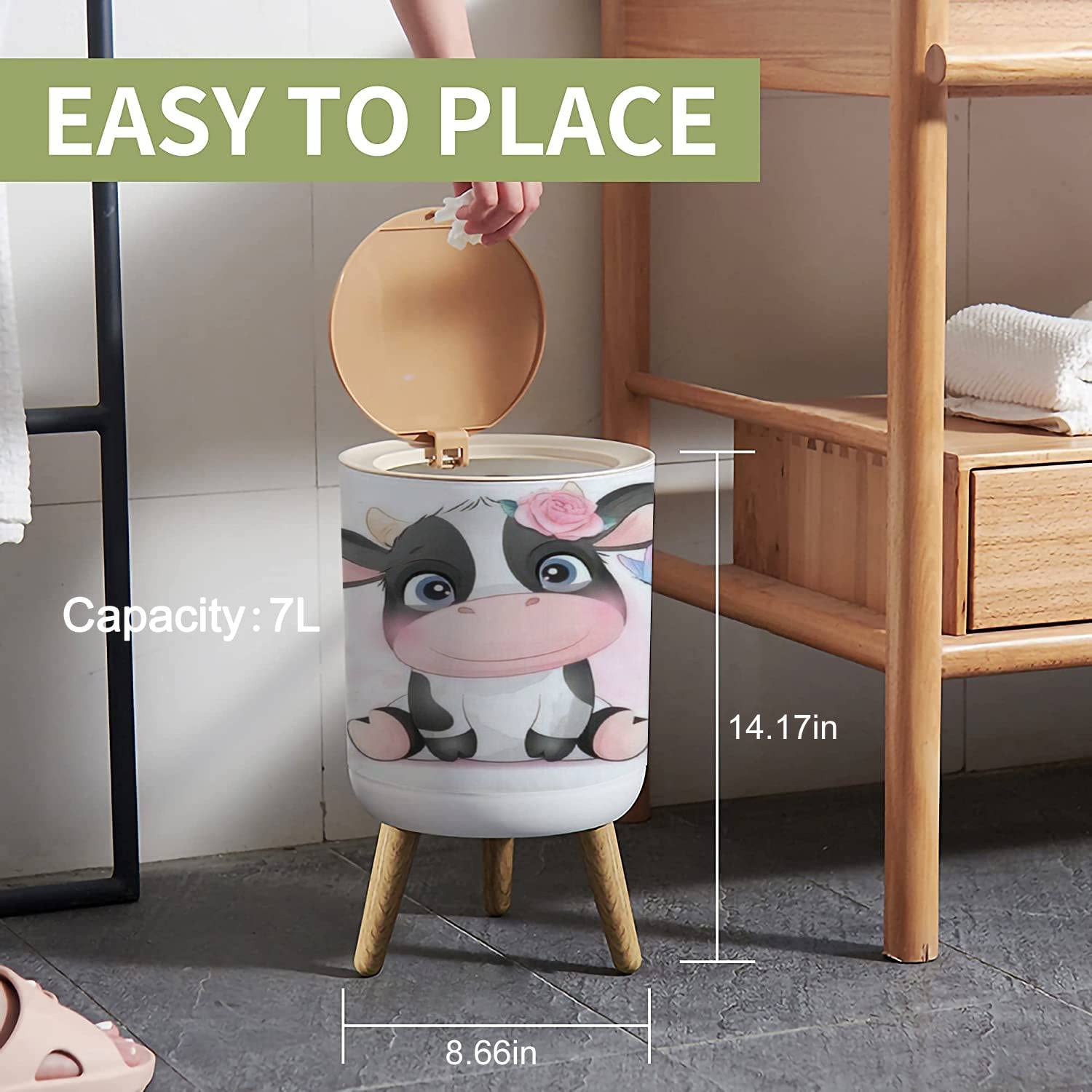 Boho Farm Animal Trash Can with Lid Cow 18 Gallon