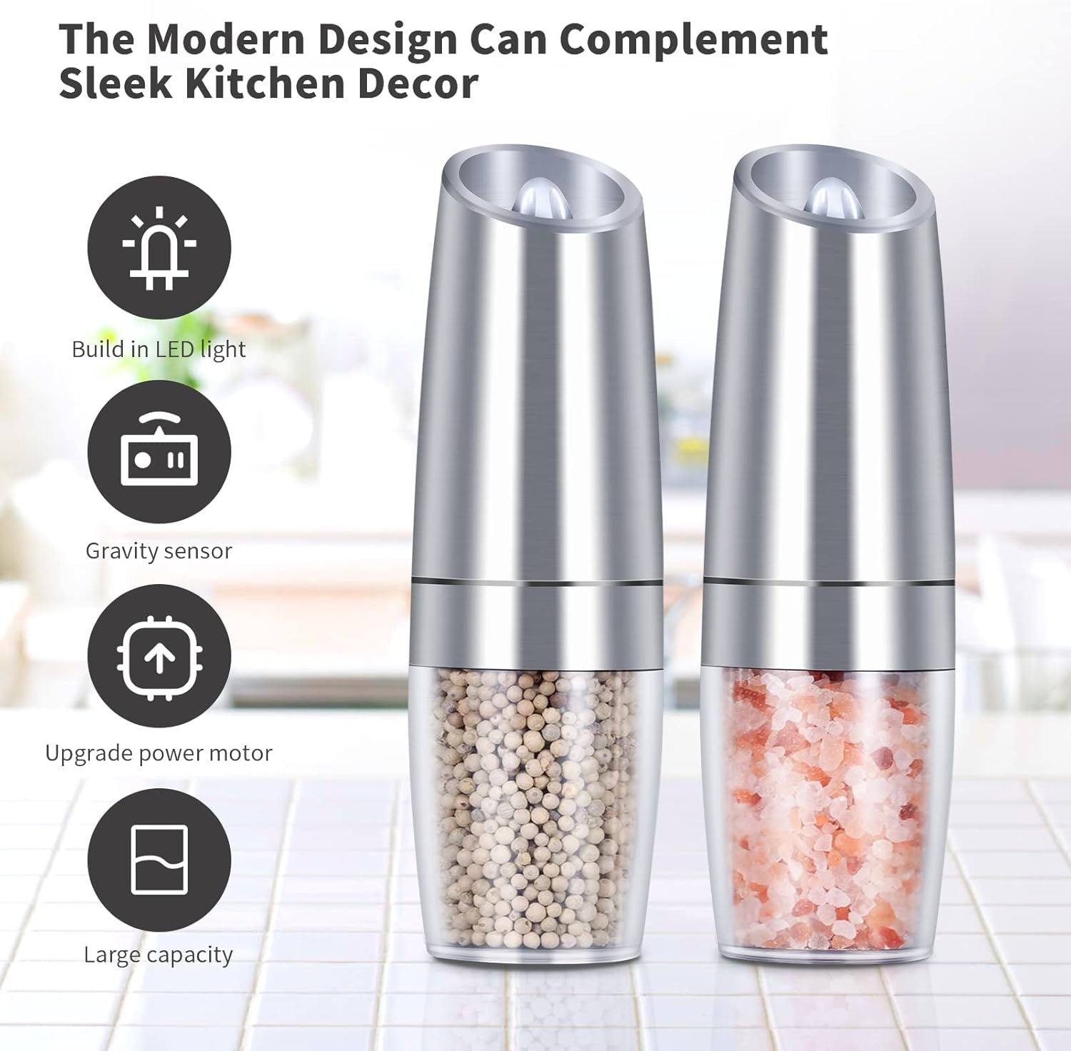 EasyCom Gravity Salt Pepper Mill Set 2 Pack Silver 1