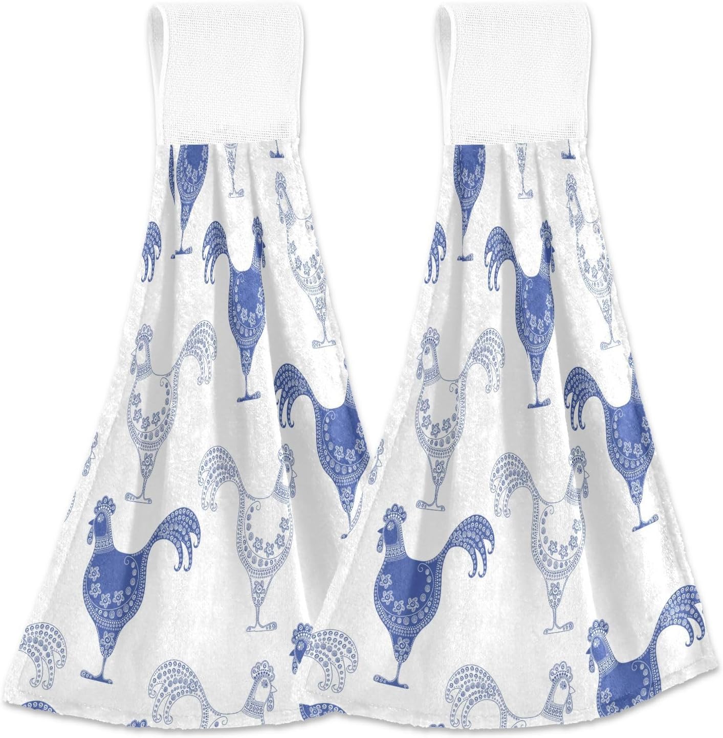 OTVEE Blue White Cartoon Rooste Kitchen Towels 2 Pieces